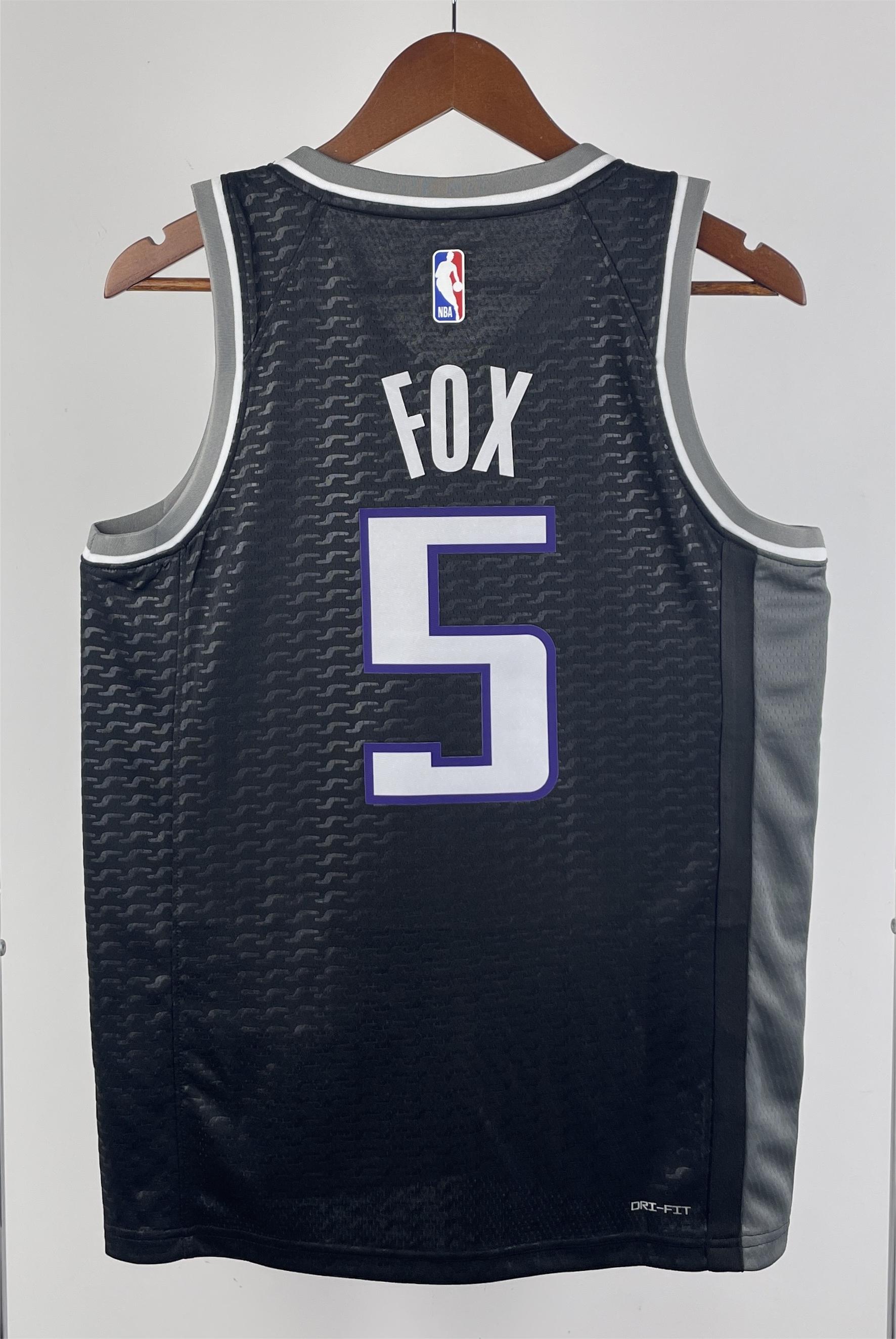 NBA Men 2023 Sacramento Kings Black with Jordan Logo #5 FOX Jersey High Quality Name and Number Print - leoleo123123