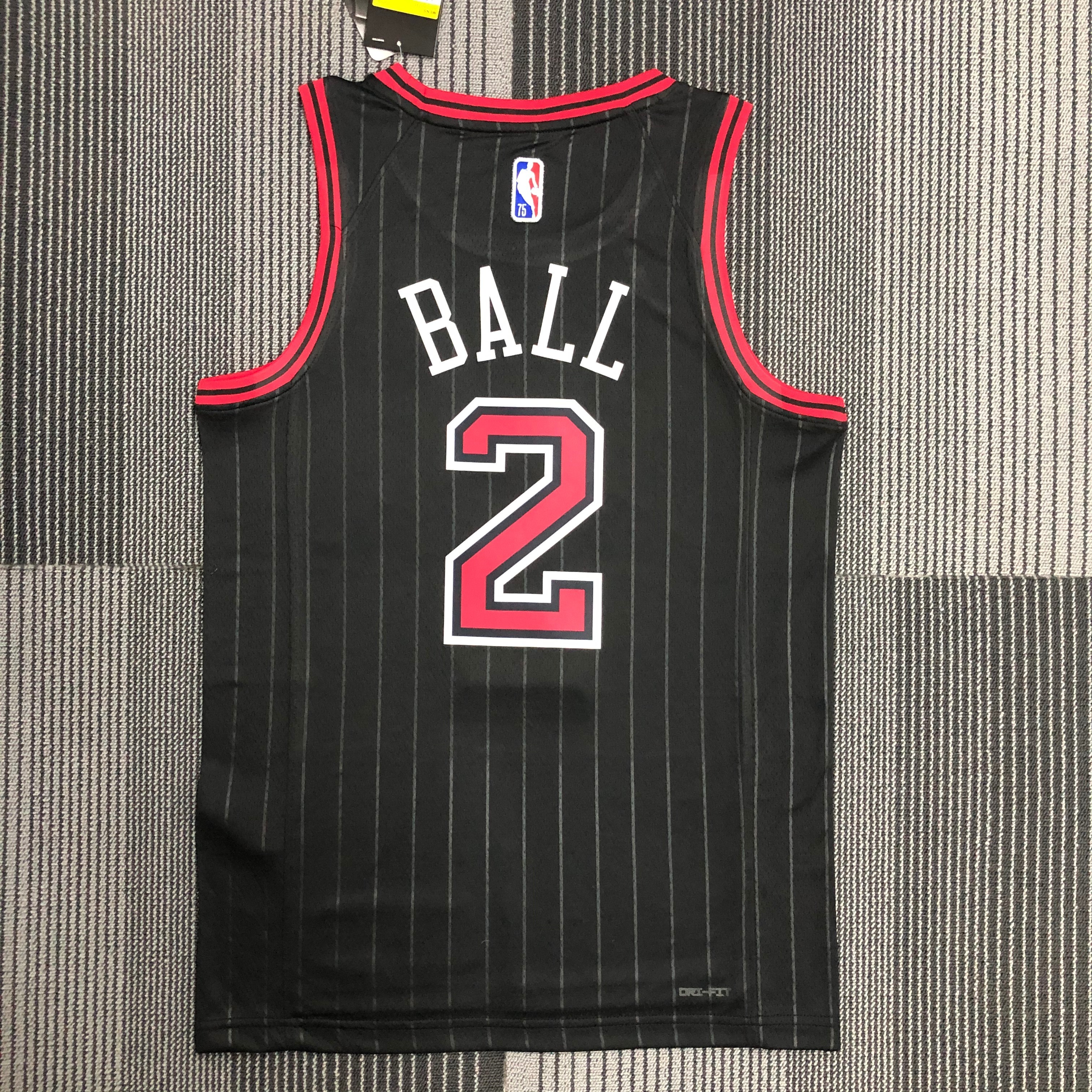 NBA Men 75th Anniversary Chicago Bulls Black with Jordan Logo #2 BALL Jersey High Quality Name and Number Print - leoleo123123