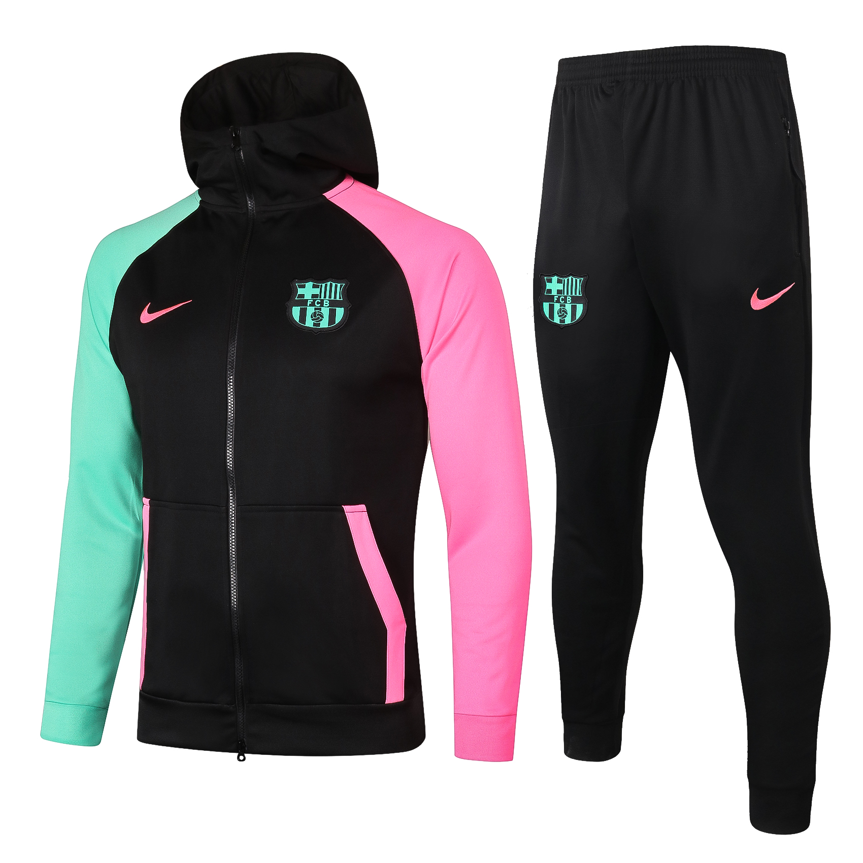 20-21 Barcelona Black with Pink & Green Sleeves Jacket Tracksuit Thai Quality - leoleo123123