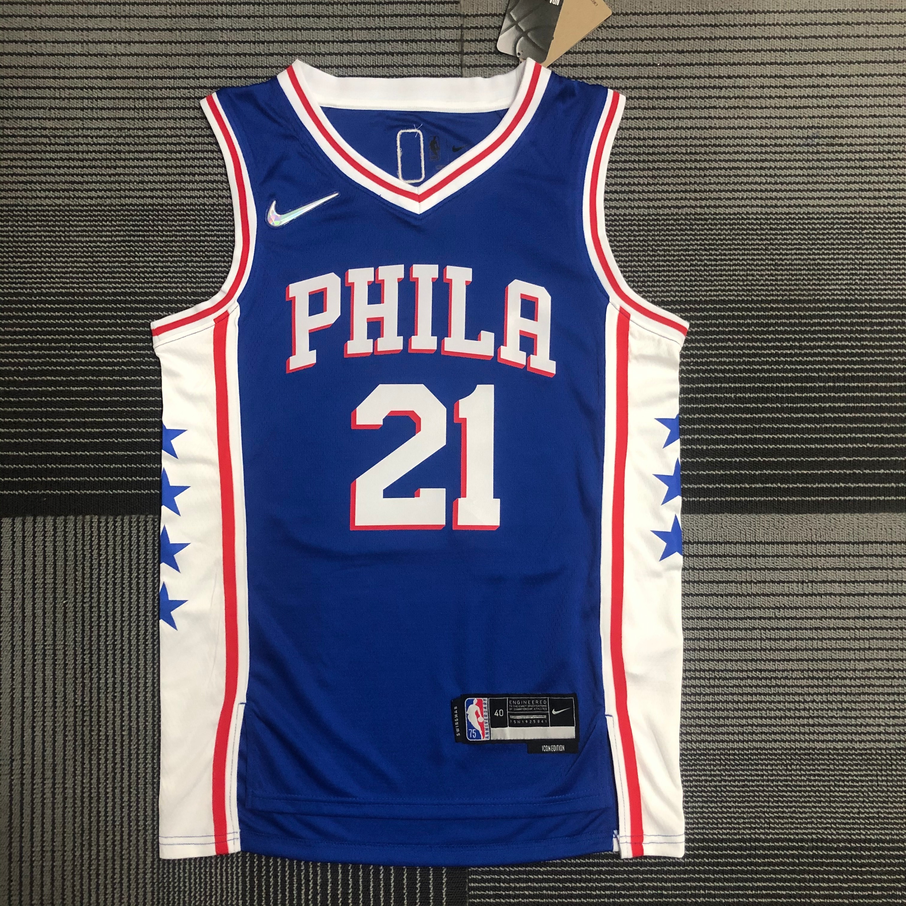 NBA Men 75th Anniversary Season 2022 Philadelphia 76ers Blue V-neck #21 EMBIID Jersey High Quality Name and Number Print - leoleo123123
