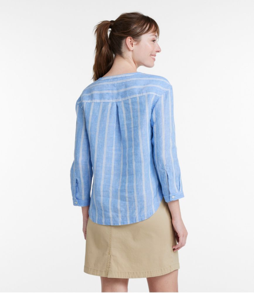 Women's Premium Washable Linen Shirt, Splitneck Stripe - leoleo123123
