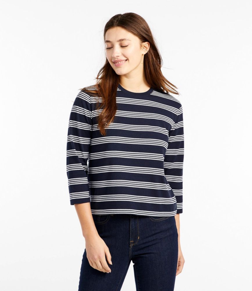 Women's Saturday T-Shirt, Crewneck Three-Quarter-Sleeve Stripe - leoleo123123