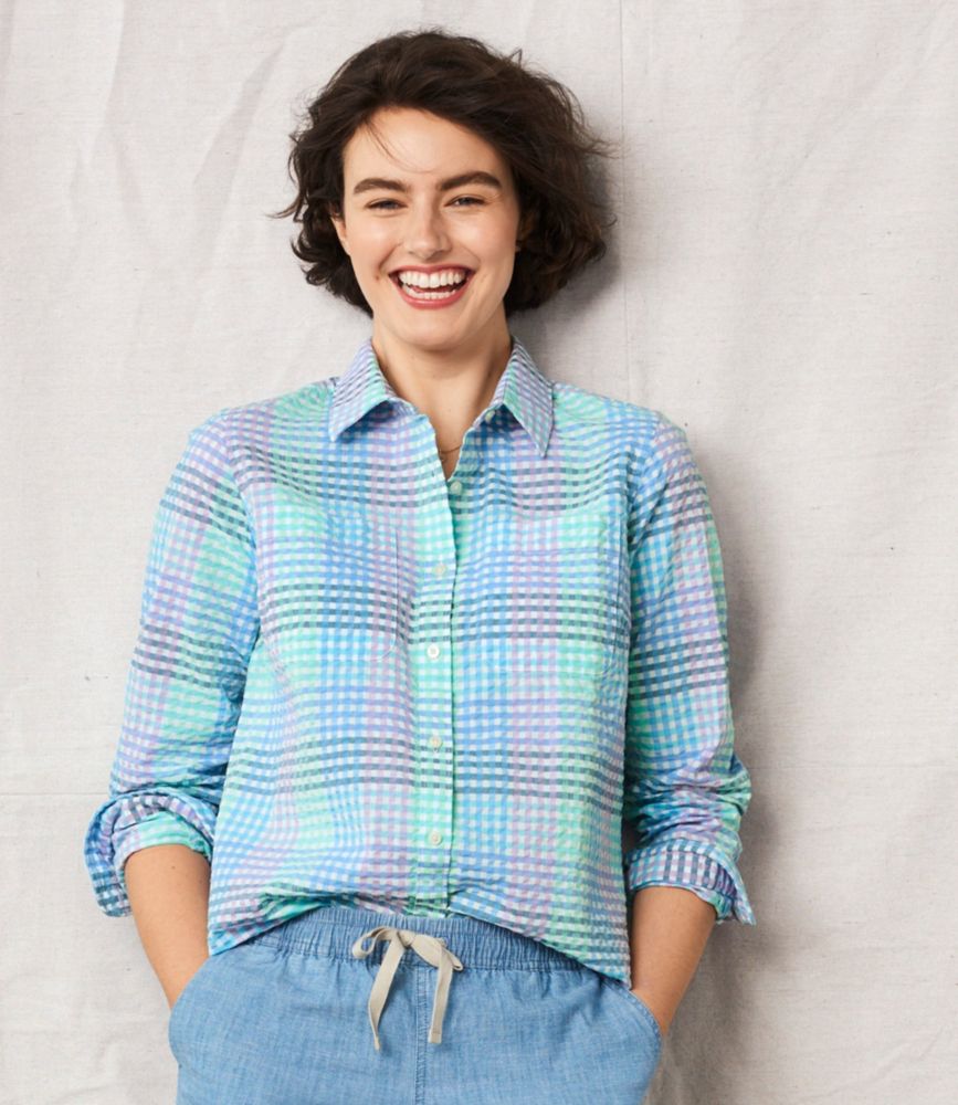 Women's Vacationland Seersucker Shirt, Long-Sleeve Plaid - leoleo123123