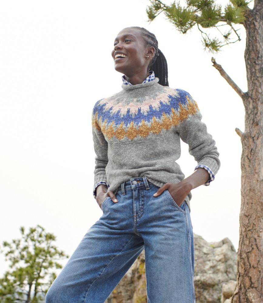 Women's Cotton Ragg Sweater, Funnelneck Pullover Fair Isle - leoleo123123