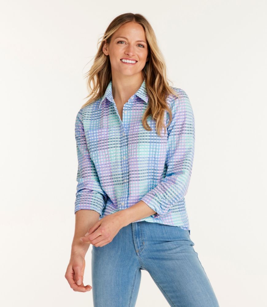 Women's Vacationland Seersucker Shirt, Long-Sleeve Plaid - leoleo123123