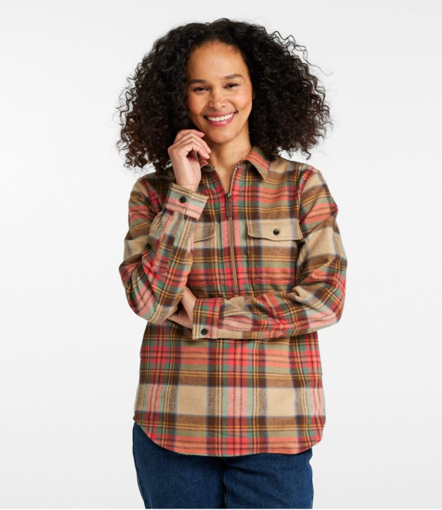 Women's Scotch Plaid Flannel Shirt, Quarter-Zip - leoleo123123