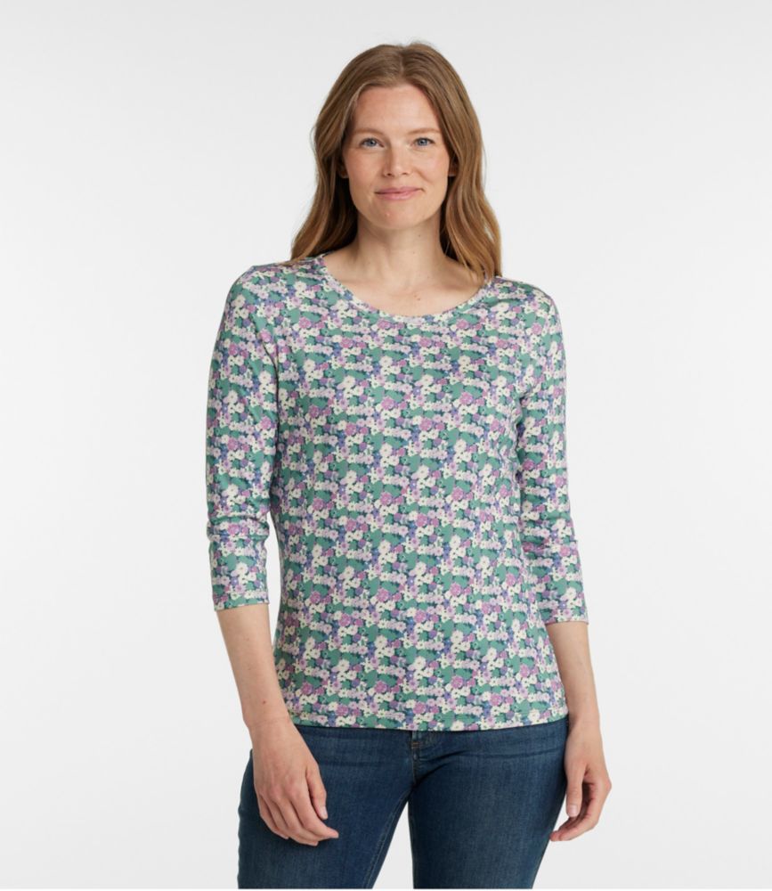 Women's Pima Cotton Shaped Jewelneck Tee, Three-Quarter-Sleeve Print - leoleo123123