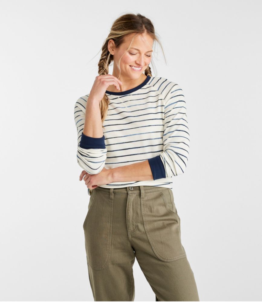 Women's Unshrinkable Mini-Waffle Tee, Long-Sleeve Crewneck Stripe - leoleo123123