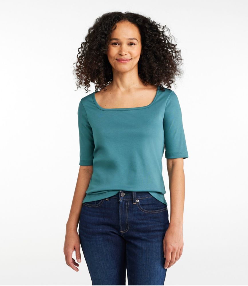 Women's Pima Cotton Tee, Soft Squareneck Elbow-Sleeve - leoleo123123