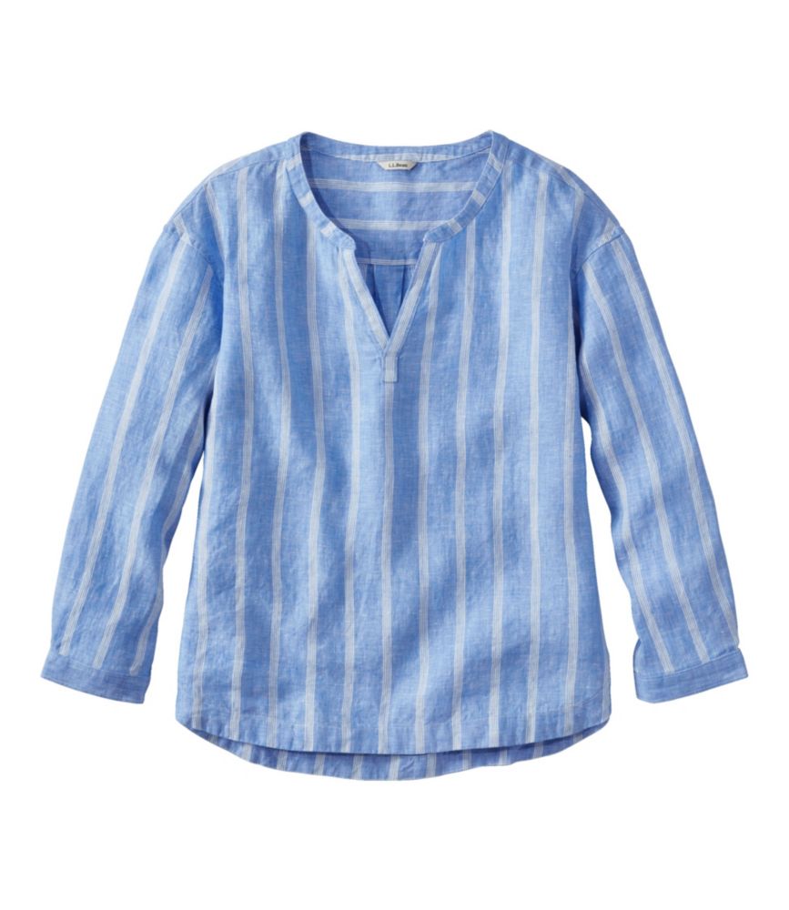 Women's Premium Washable Linen Shirt, Splitneck Stripe - leoleo123123