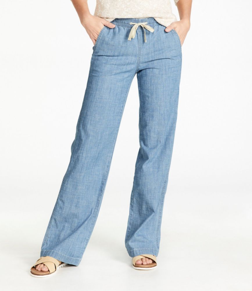 Women's Lakewashed Pull-On Chinos, Mid-Rise Wide-Leg Chambray - leoleo123123