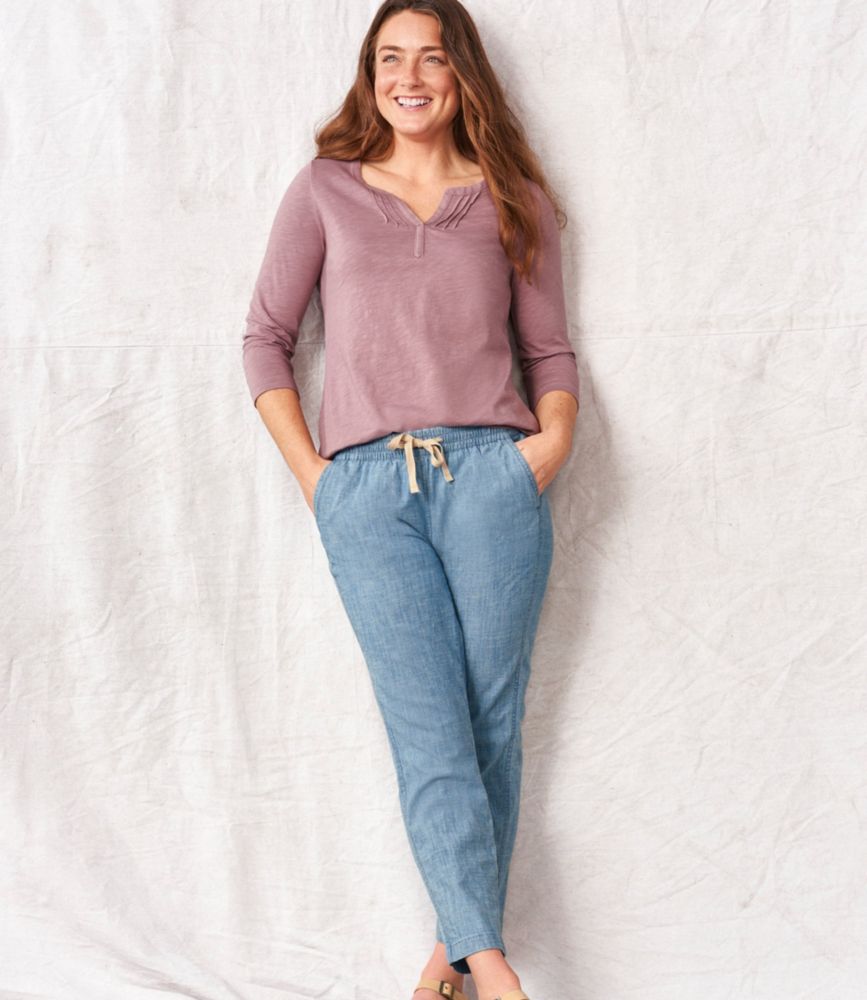 Women's Lakewashed Pull-On Chinos, Mid-Rise Chambray Ankle Pants - leoleo123123