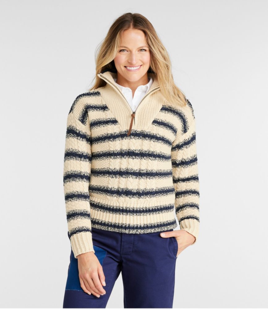Women's Signature Cotton Fisherman Quarter Zip Sweater Stripe - leoleo123123