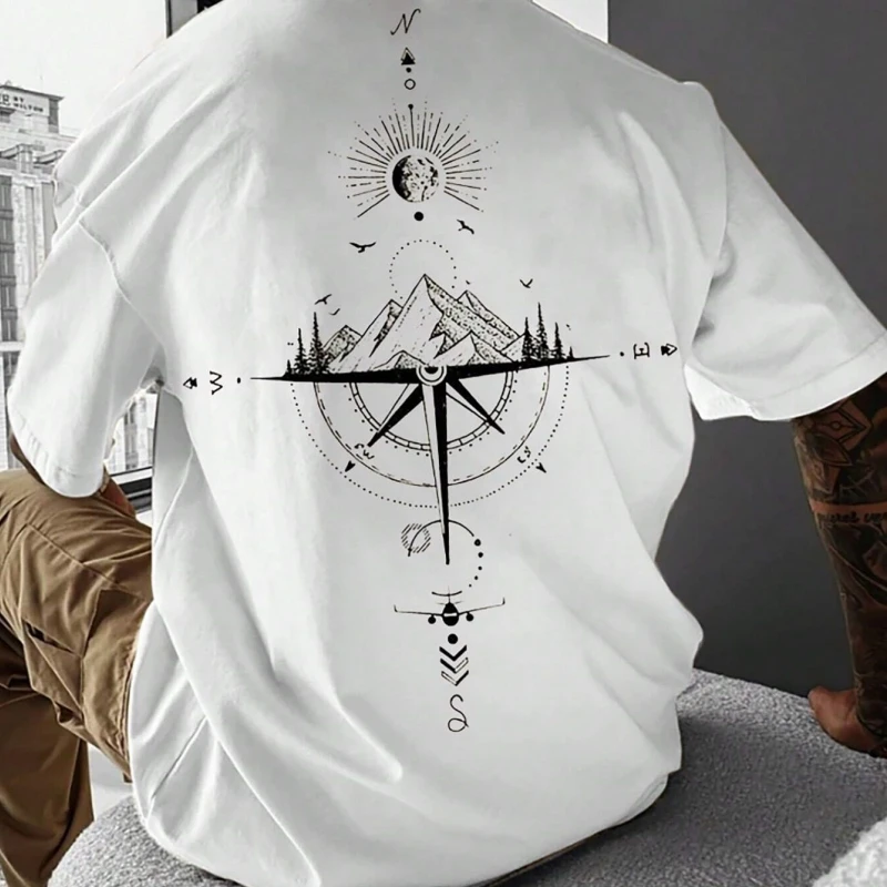 2024 New Summer Men's T-Shirt 3d Compass Printed Short Sleeve Tees Simple Fashion Male Clothing Loose Oversized T-Shirt For Men - leoleo123123