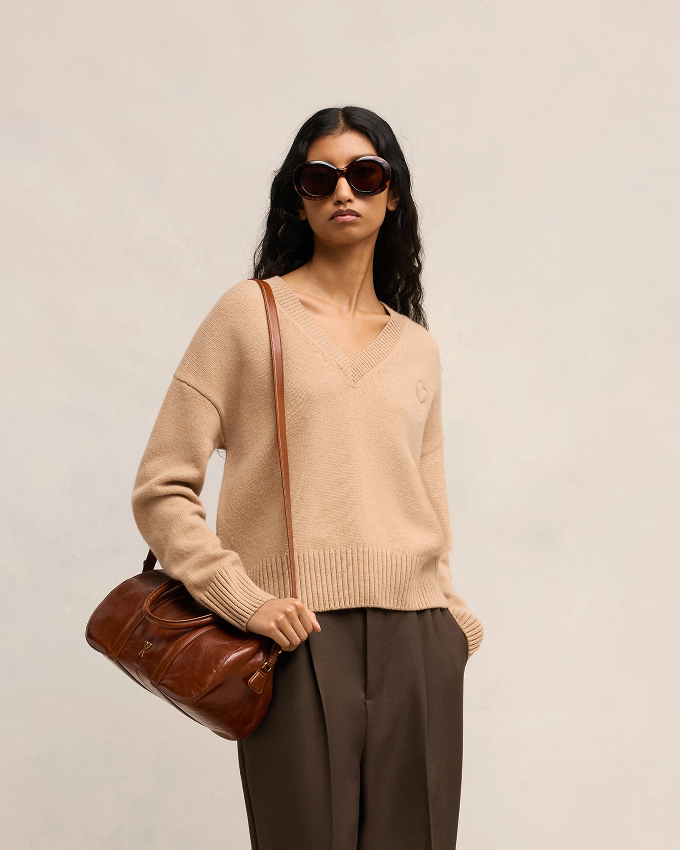 Nude Embossed Ami De Coeur V Neck Sweater - leoleo123123