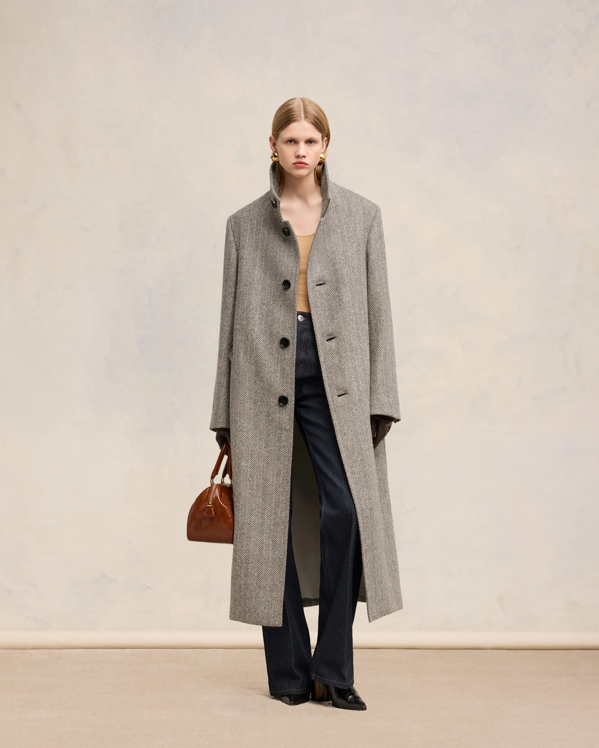 Dark Coffee/ Off White High Collar Coat - leoleo123123