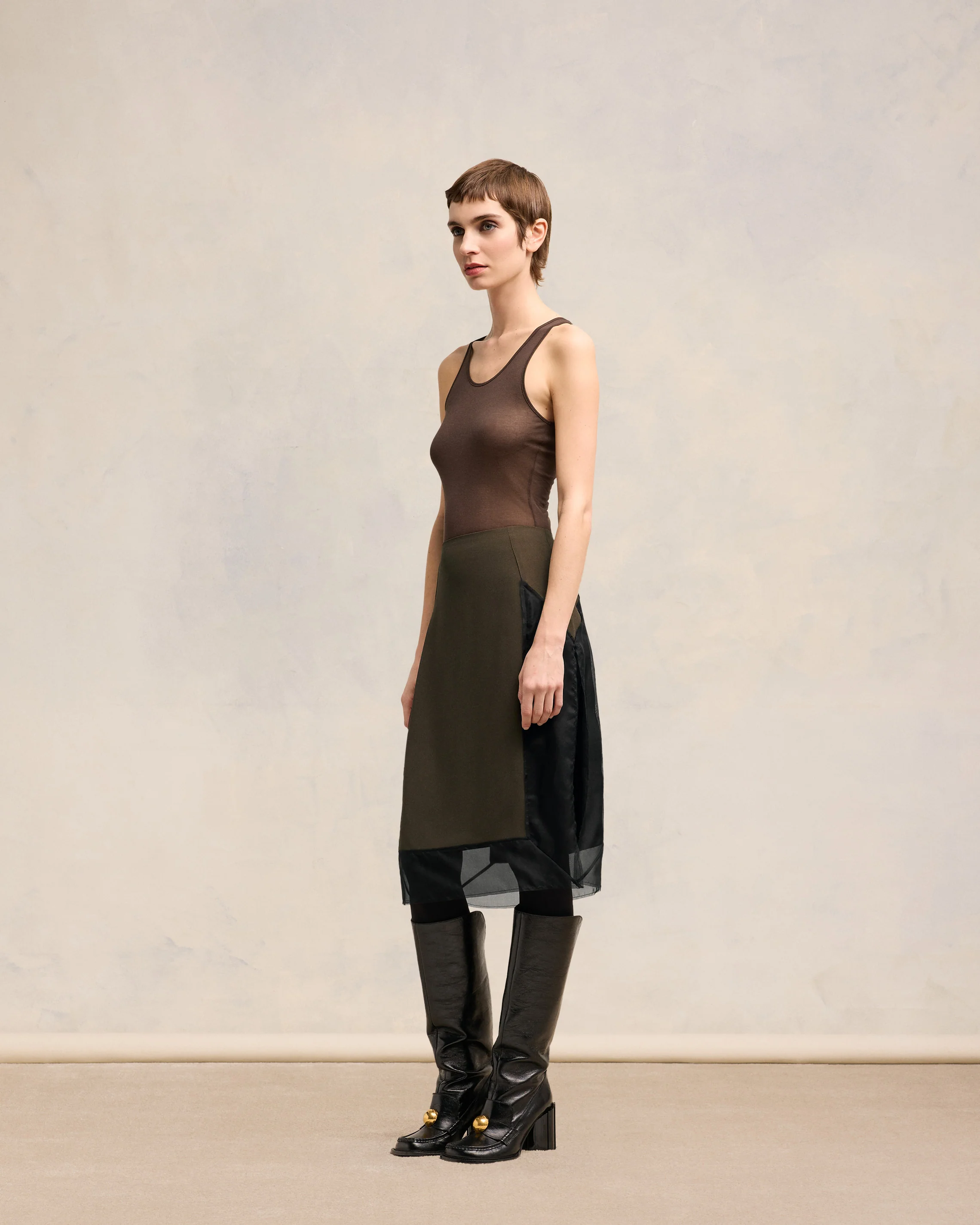 Dark Coffee/ Black Midi Skirt - leoleo123123