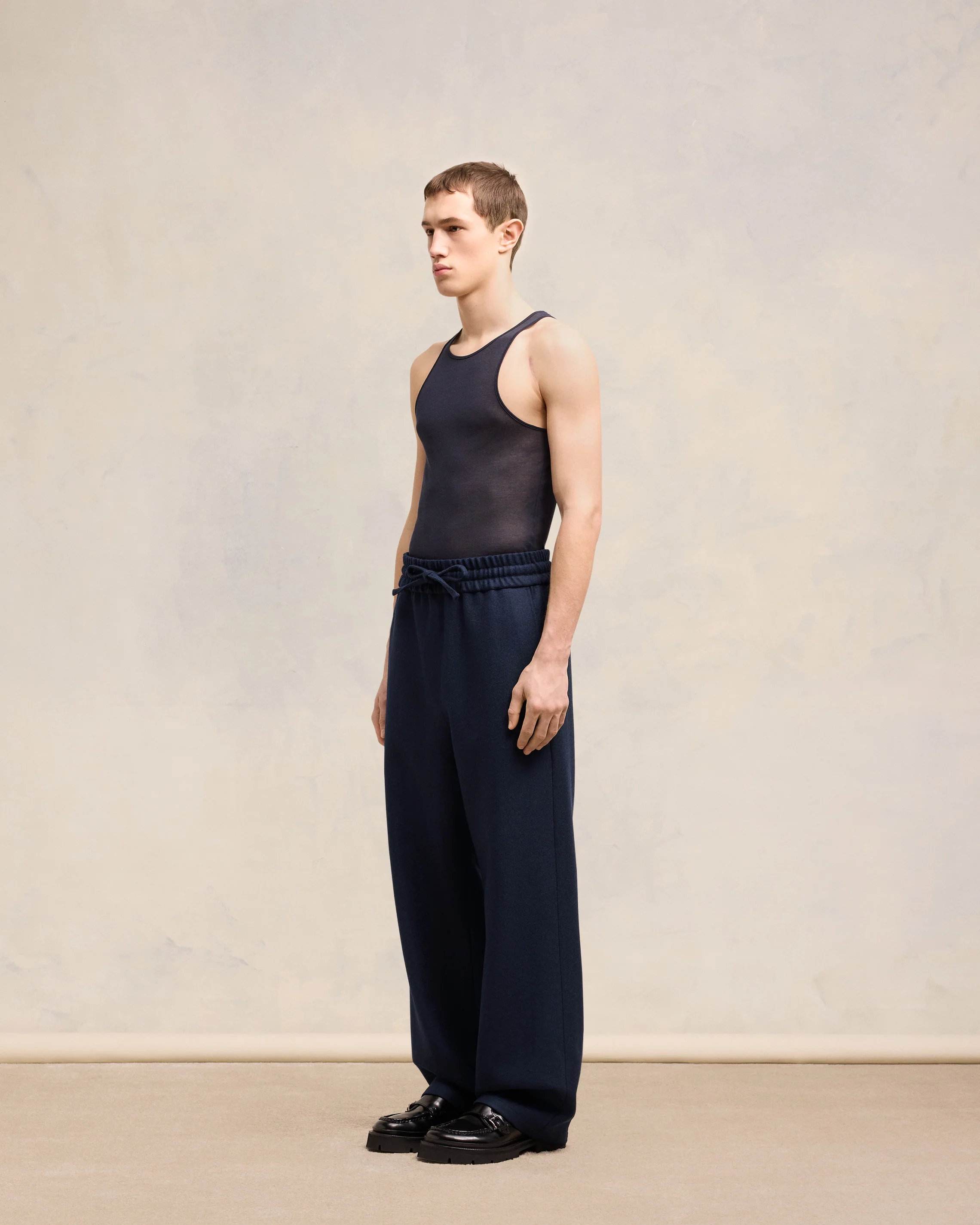 Navy Blue Wide Elasticated Waist Trousers - leoleo123123