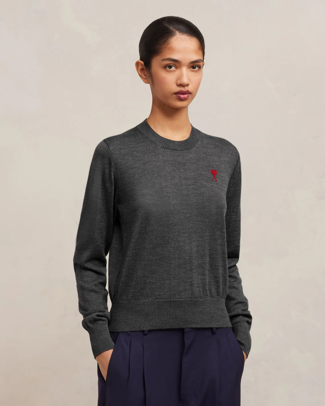 Pull Col Rond Ami De Coeur Rouge Gris Chiné - leoleo123123