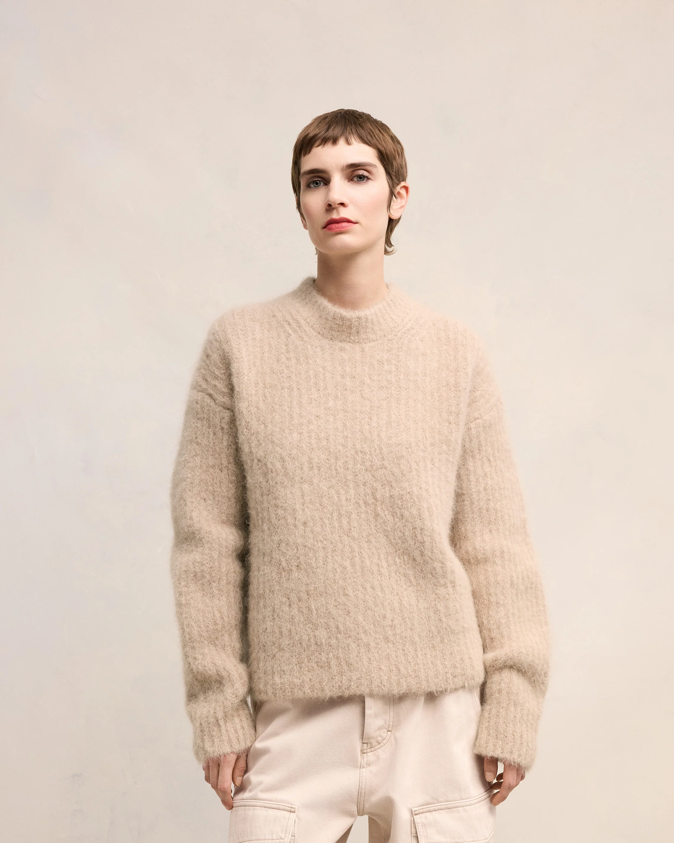 Beige Alpaca Mohair Ribbed Sweater - leoleo123123