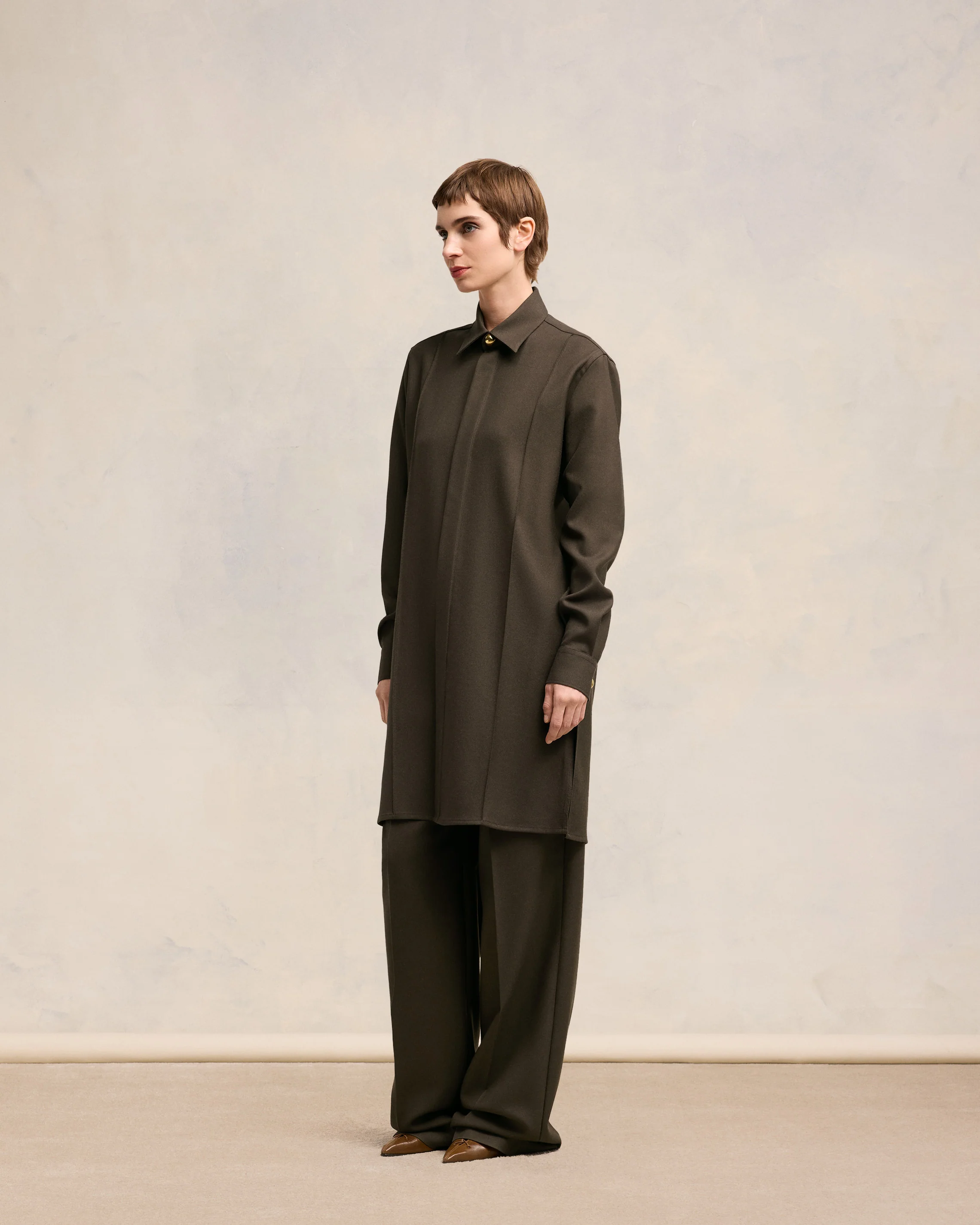 Dark Coffee Long Pintuck Shirt - leoleo123123