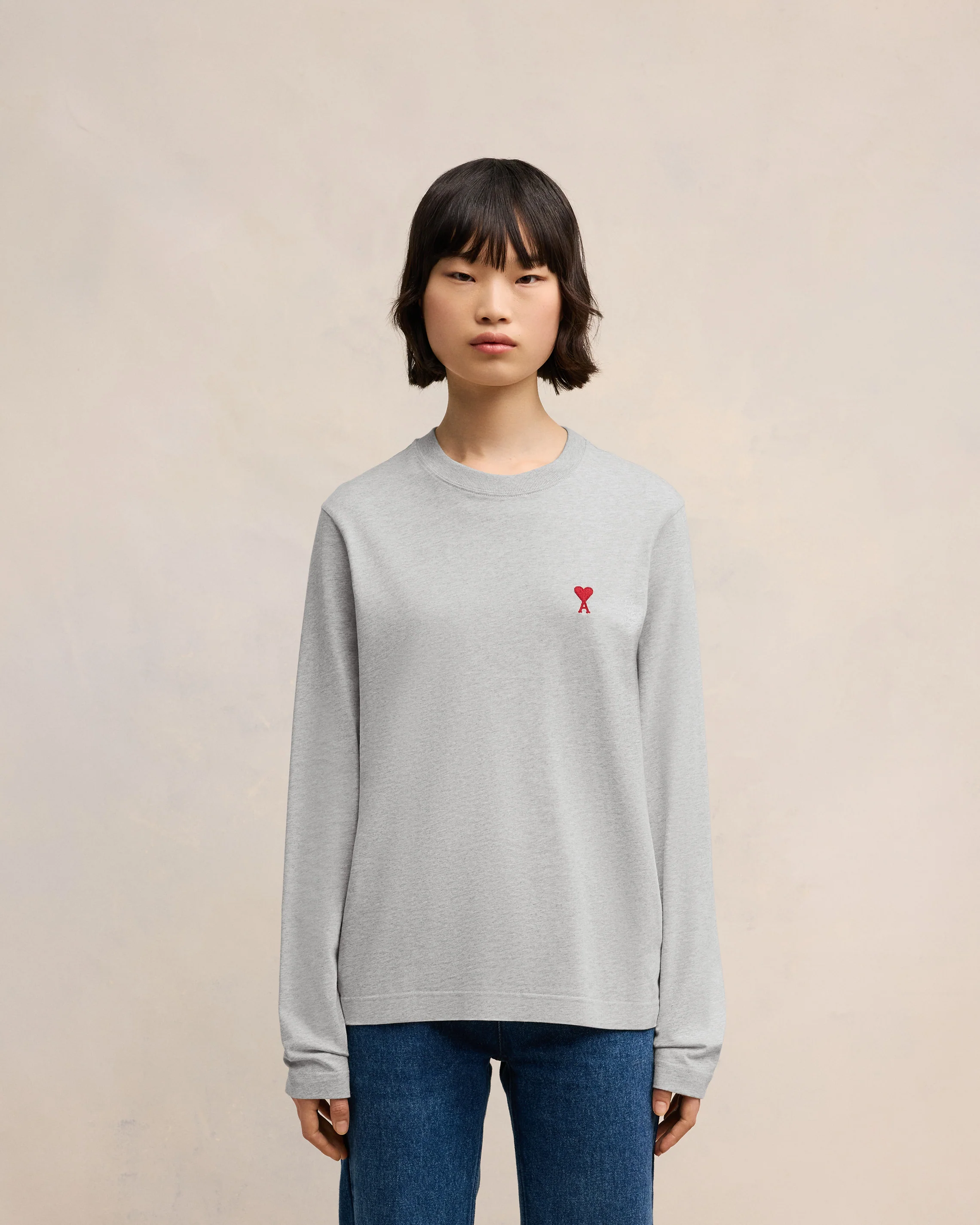 Heather Ash Grey Red Ami De Coeur Long Sleeves T-Shirt - leoleo123123
