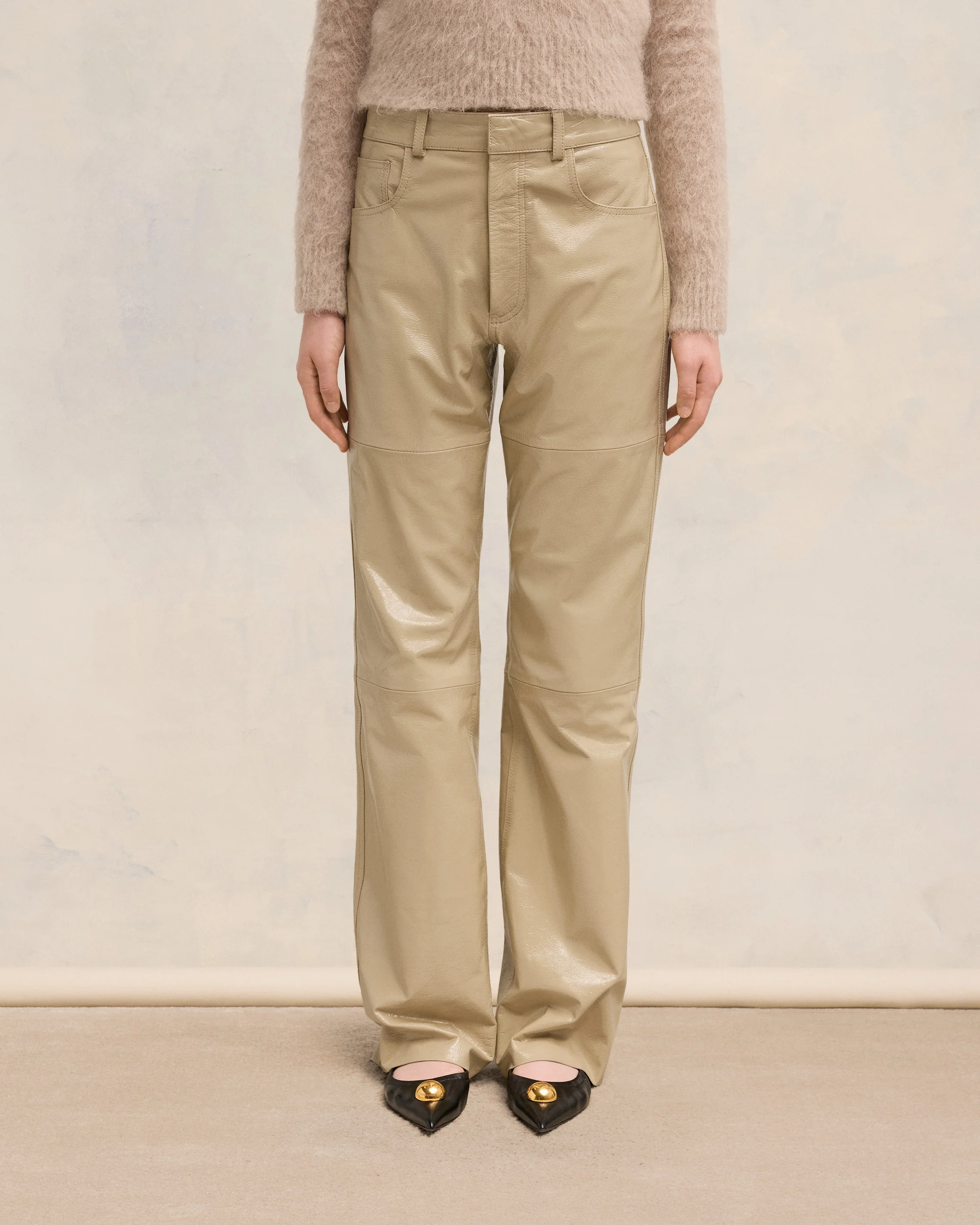 Light Sand Leather Straight Fit Trousers - leoleo123123