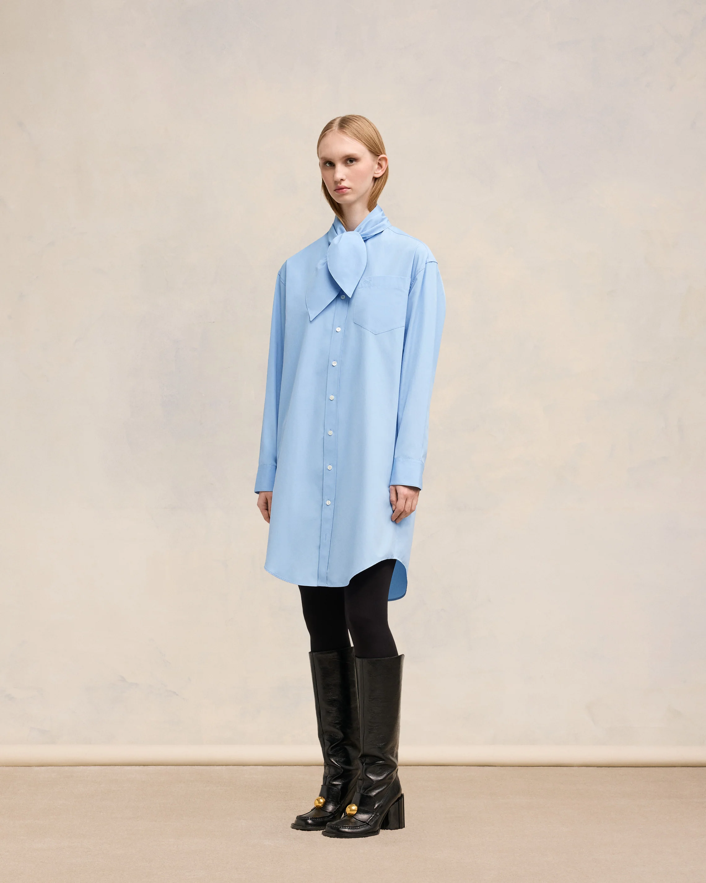Cashmere Blue Scarf Collar Shirt Dress - leoleo123123