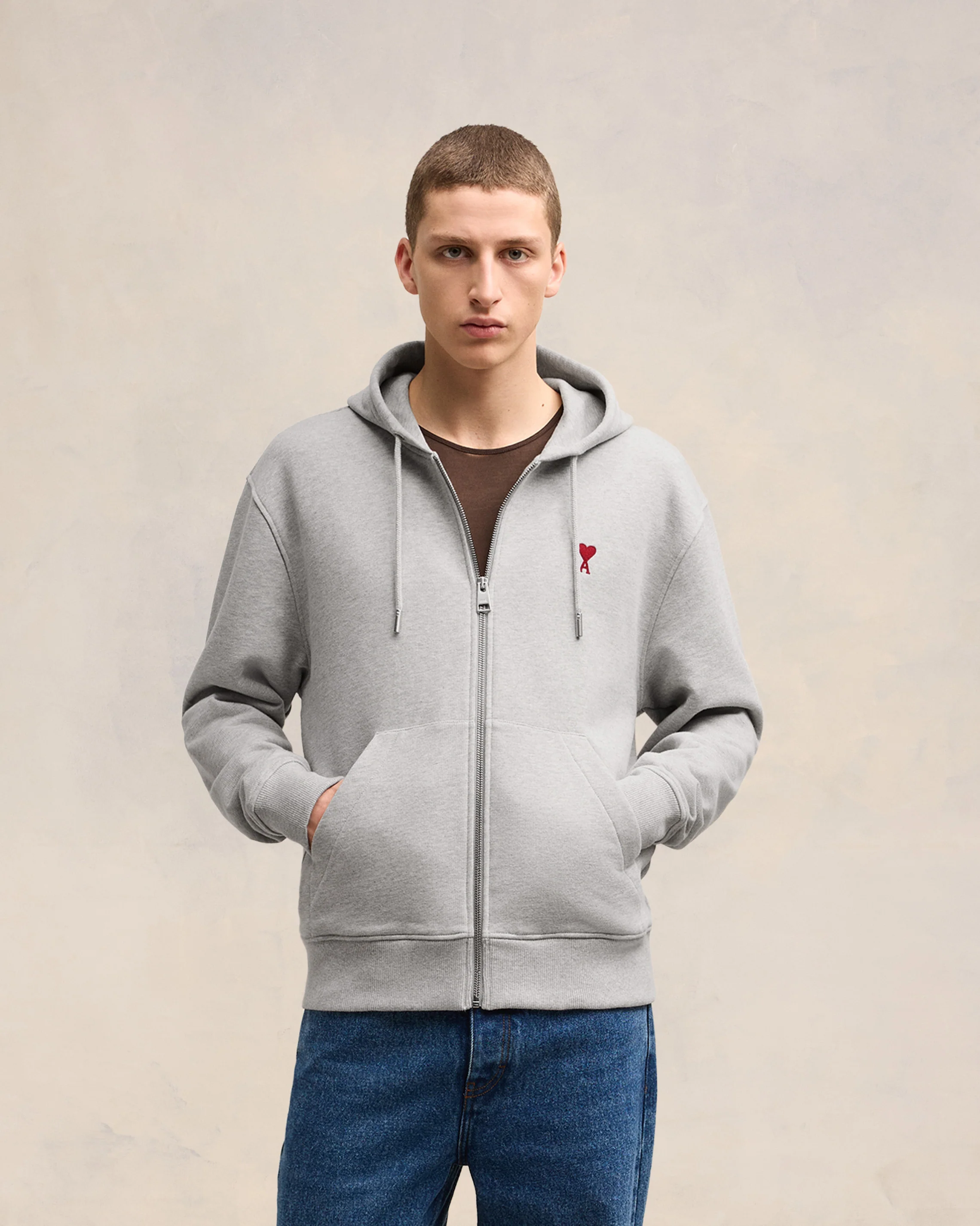 Heather Ash Grey Red Ami De Coeur Zipped Hoodie - leoleo123123