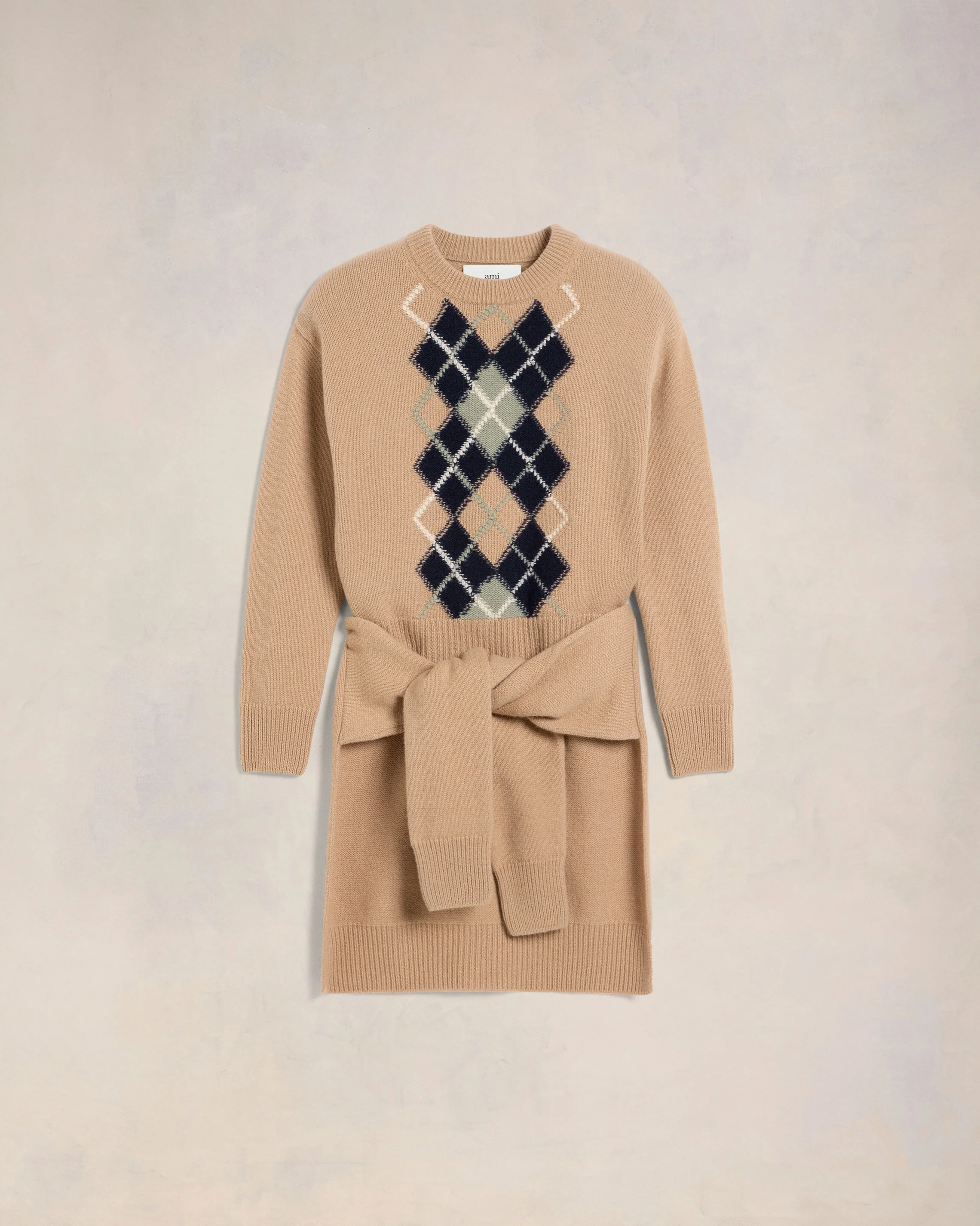 Nude/Navy/Green Aqua Argyle Double Crewneck Sweater - leoleo123123