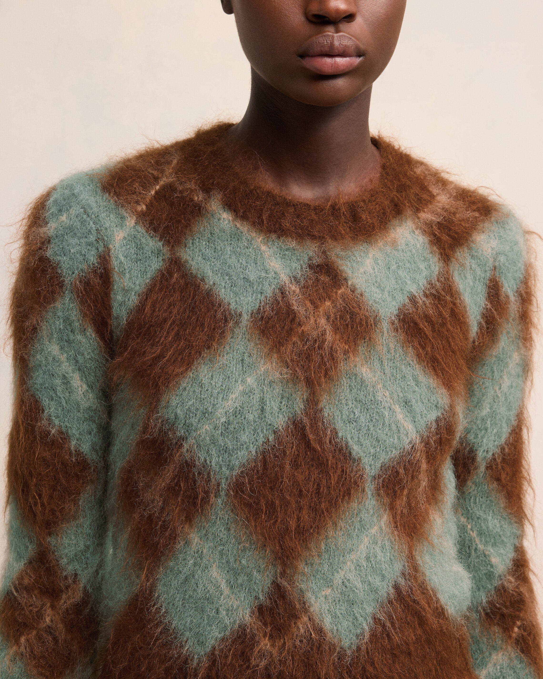 Fawn/Antique Clay Alpaca Mohair Brushed Argyle Sweater - leoleo123123