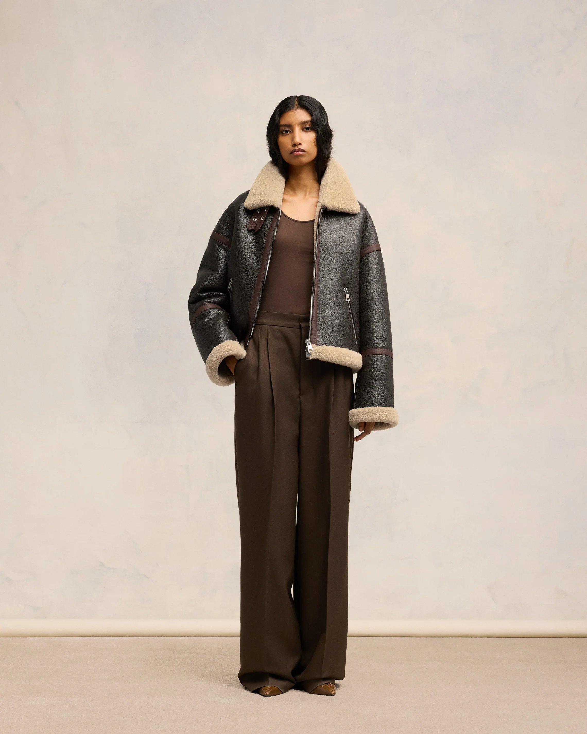 Dark Coffee Shearling Zipped Jacket - leoleo123123