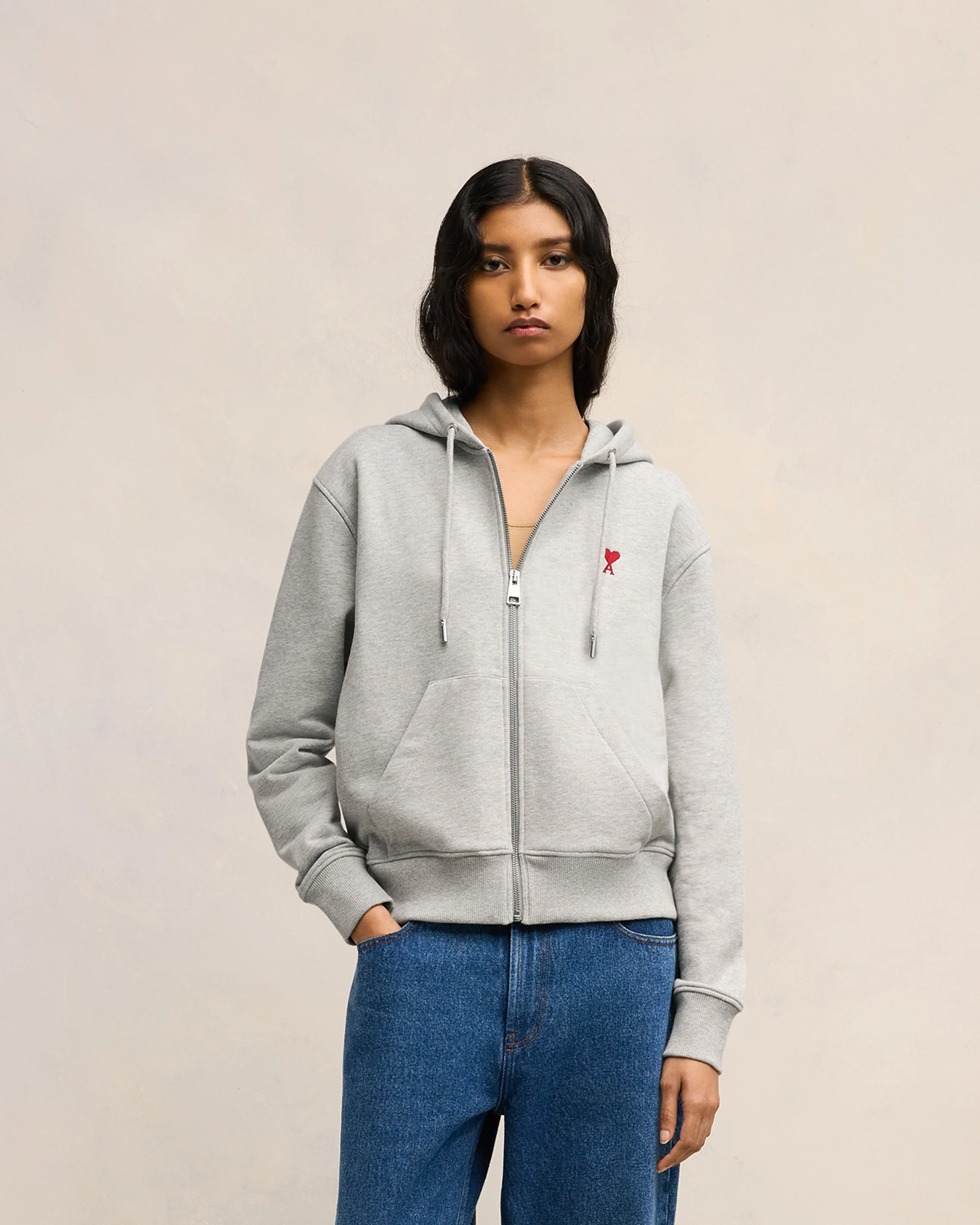 Heather Ash Grey Red Ami De Coeur Zipped Hoodie - leoleo123123