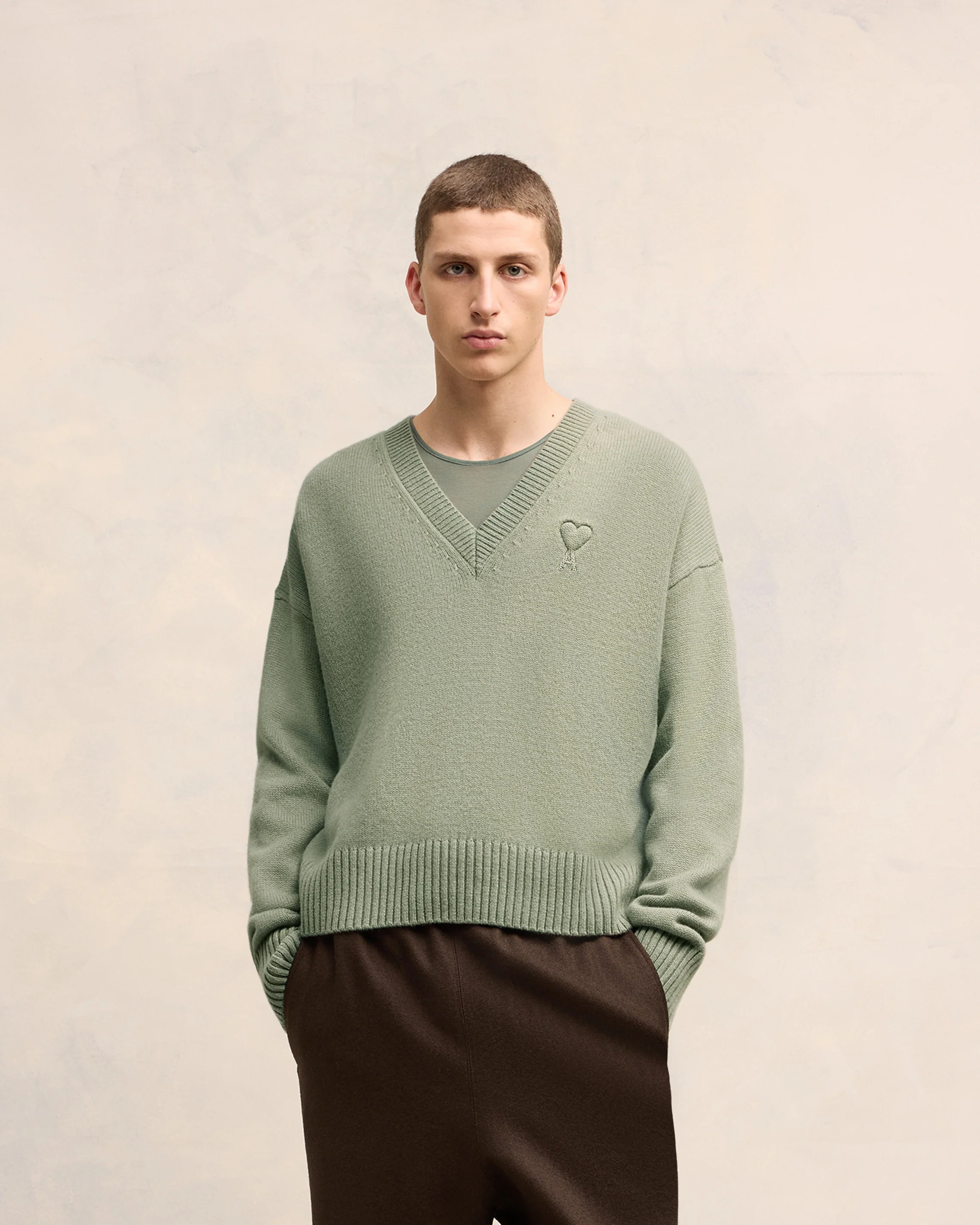 Green Aqua Embossed Ami De Coeur V Neck Sweater - leoleo123123