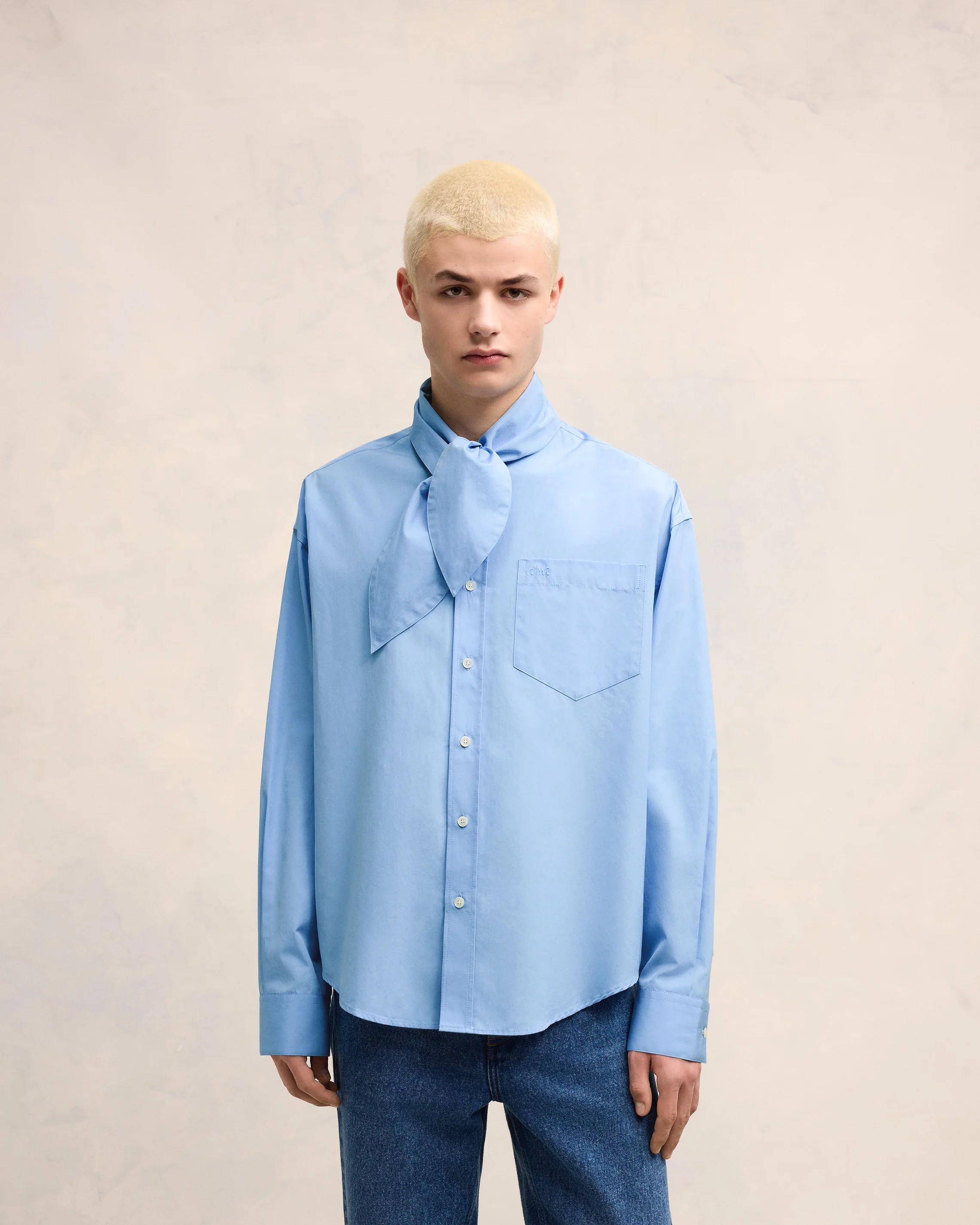 Cashmere Blue Scarf Collar Shirt - leoleo123123