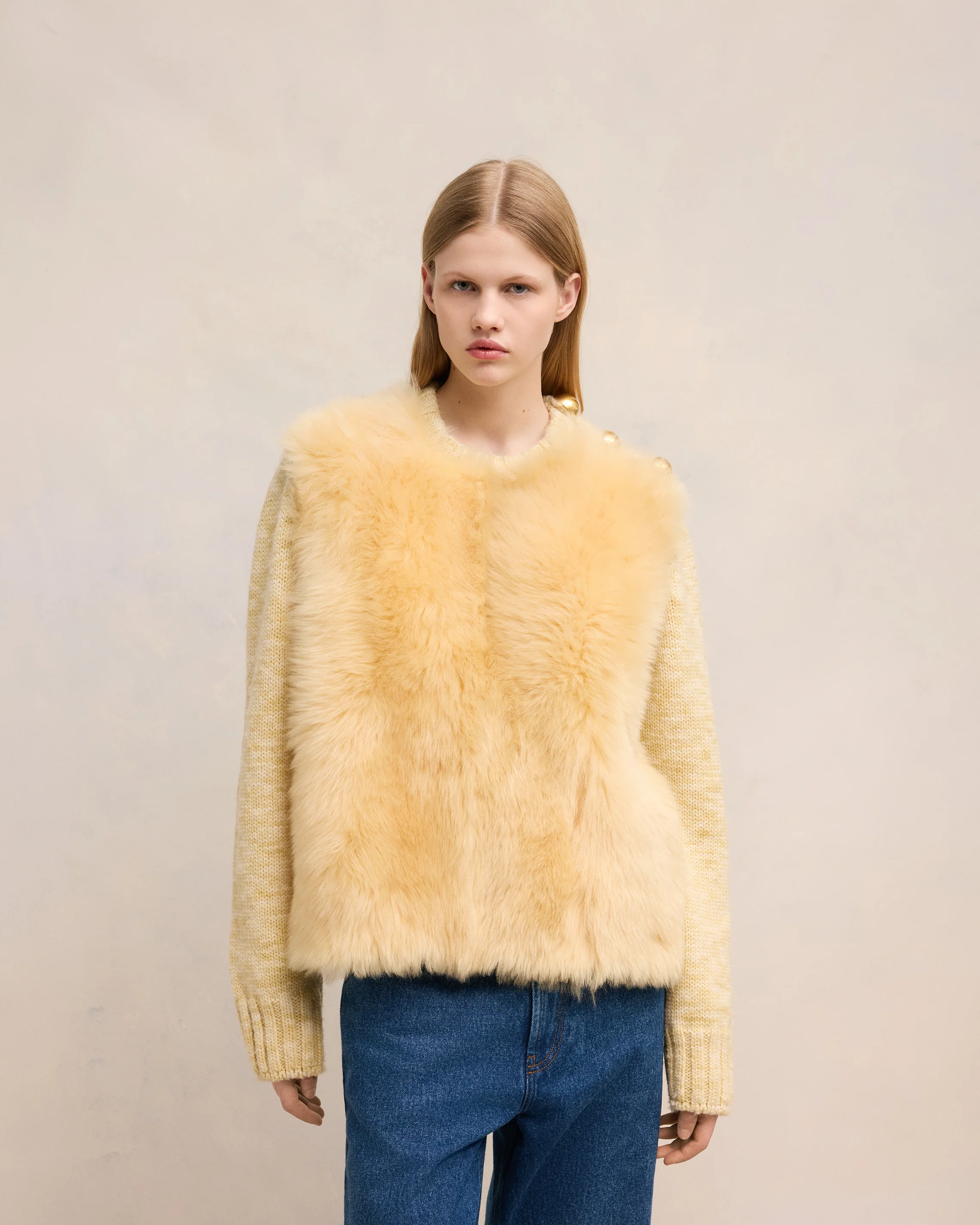 Light Sand/Off White Shearling Crew Neck Sweater - leoleo123123