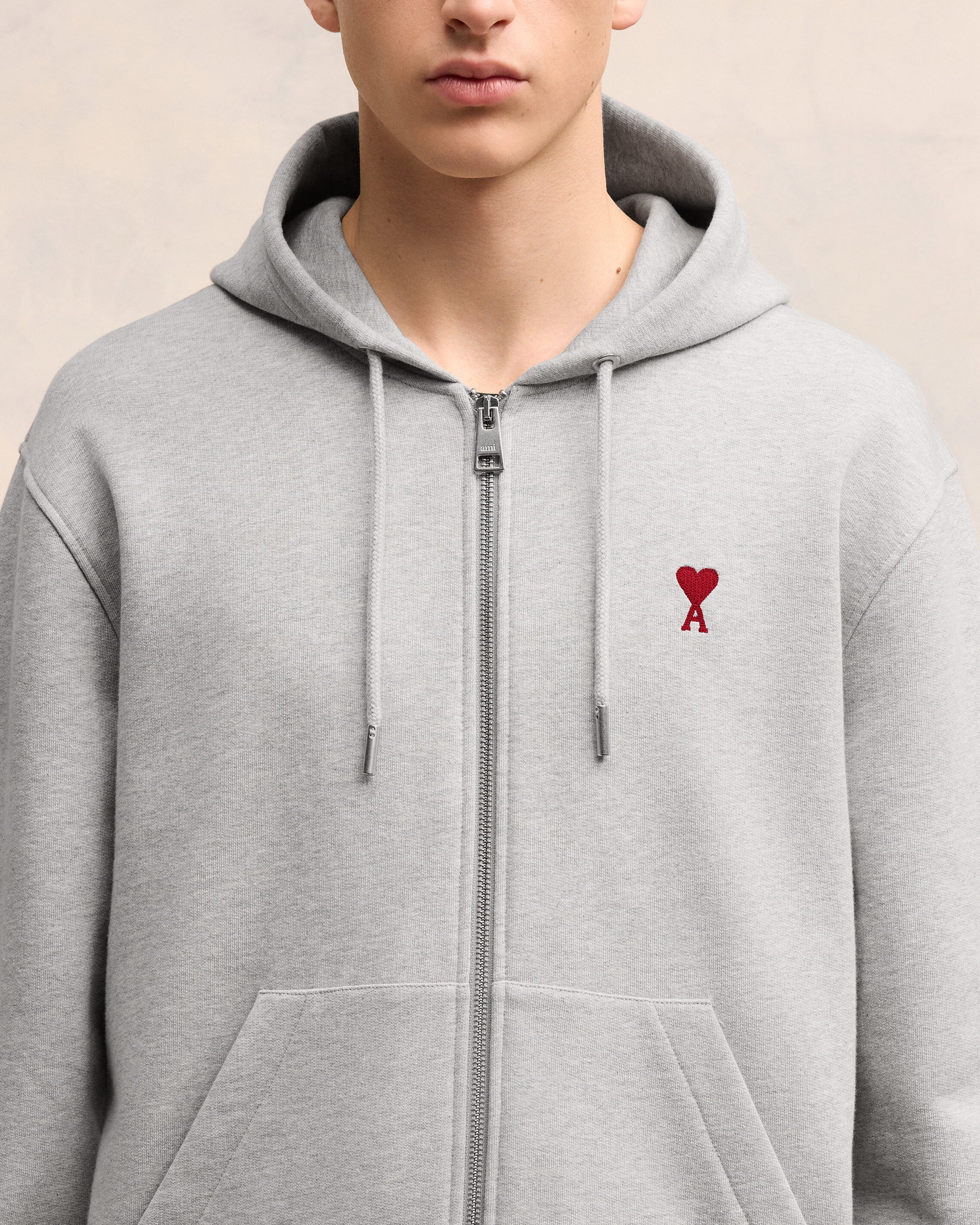 Heather Ash Grey Red Ami De Coeur Zipped Hoodie - leoleo123123
