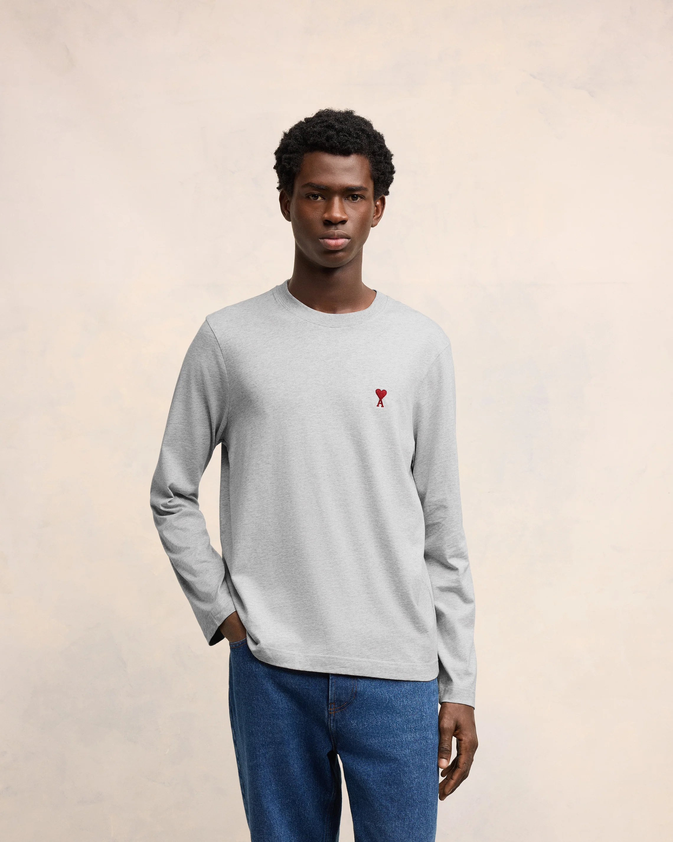 Heather Ash Grey Red Ami De Coeur Long Sleeves T-Shirt - leoleo123123