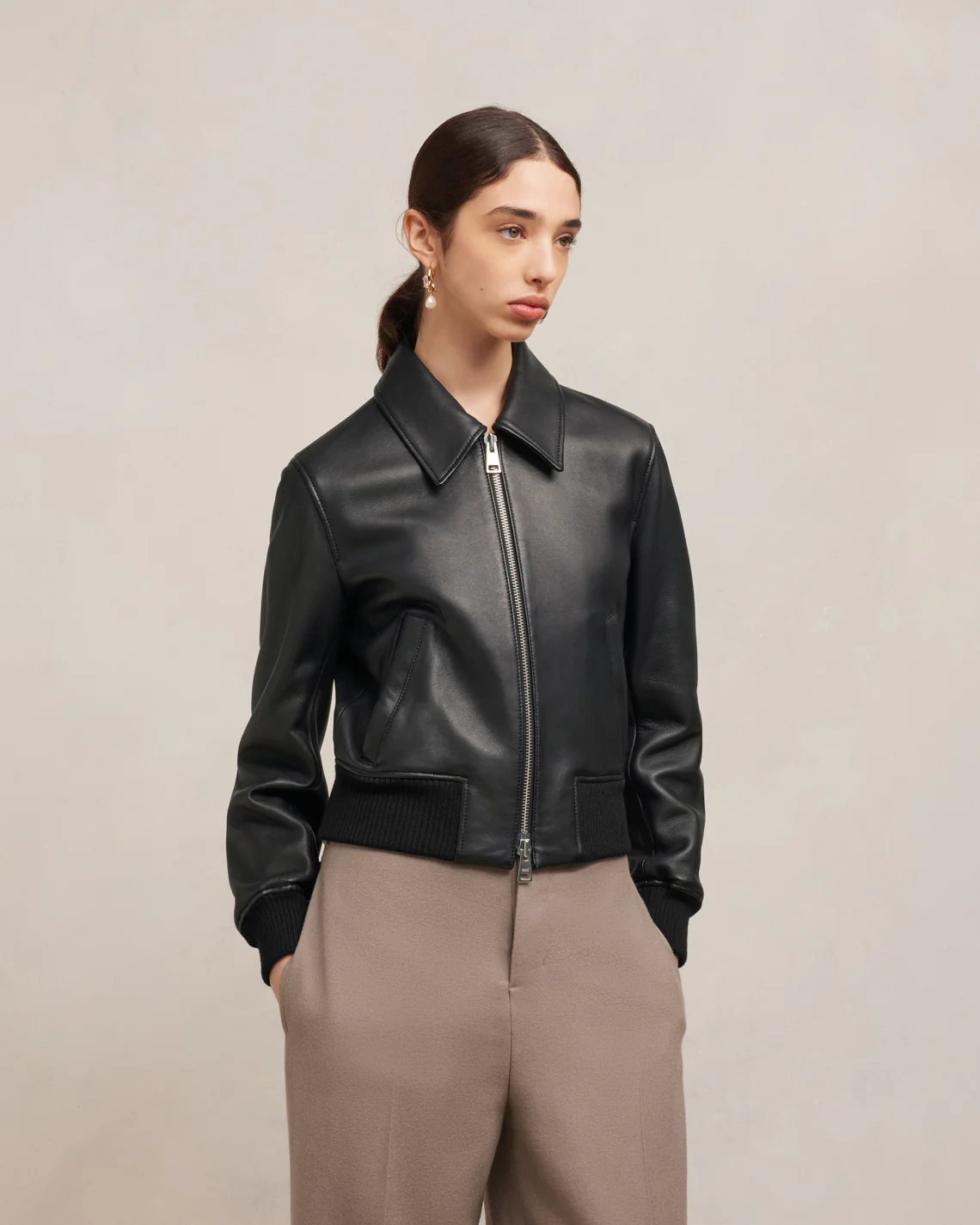 Blouson Zippé En Cuir Noir - leoleo123123