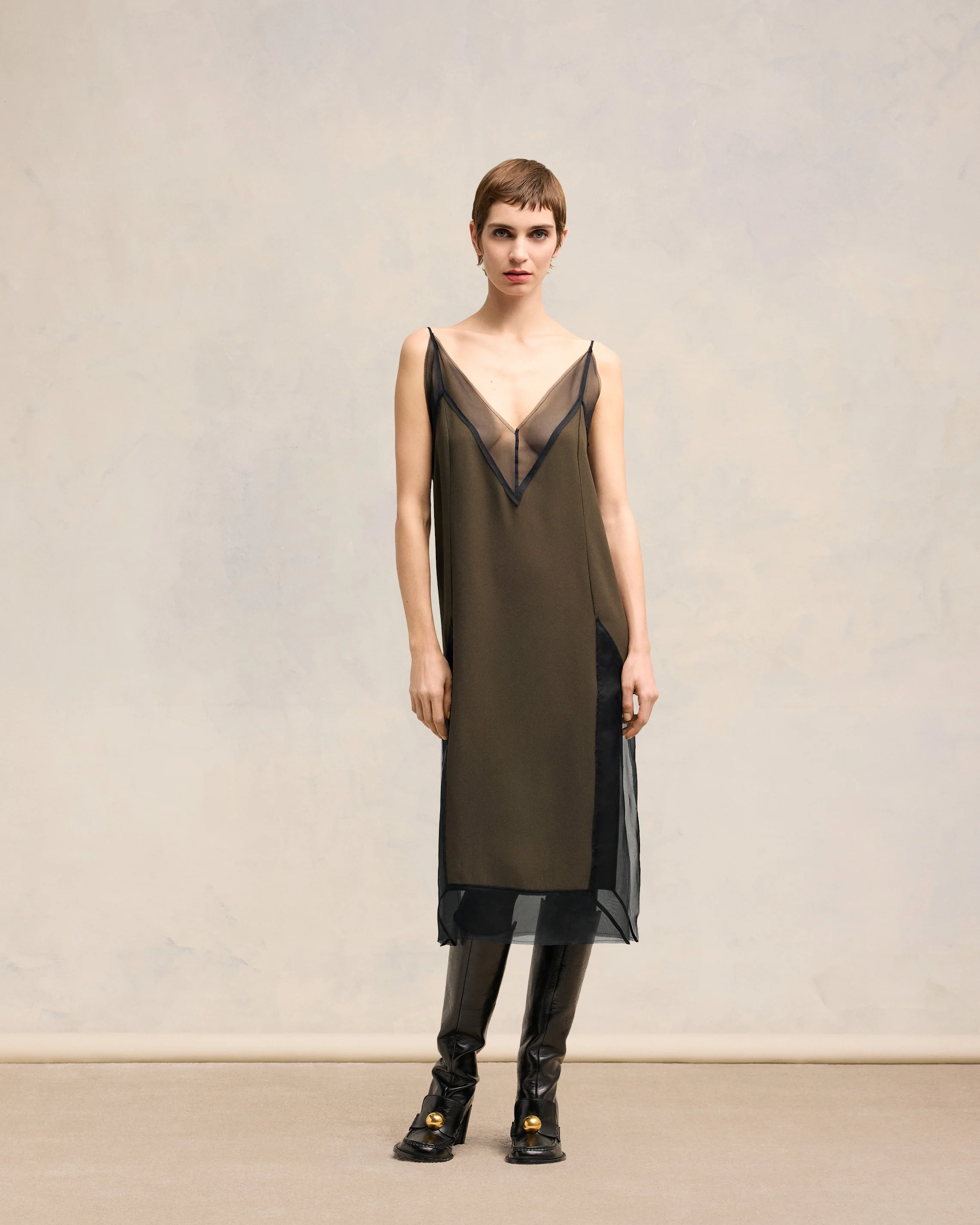Dark Coffee/ Black Midi Dress With Thin Straps - leoleo123123