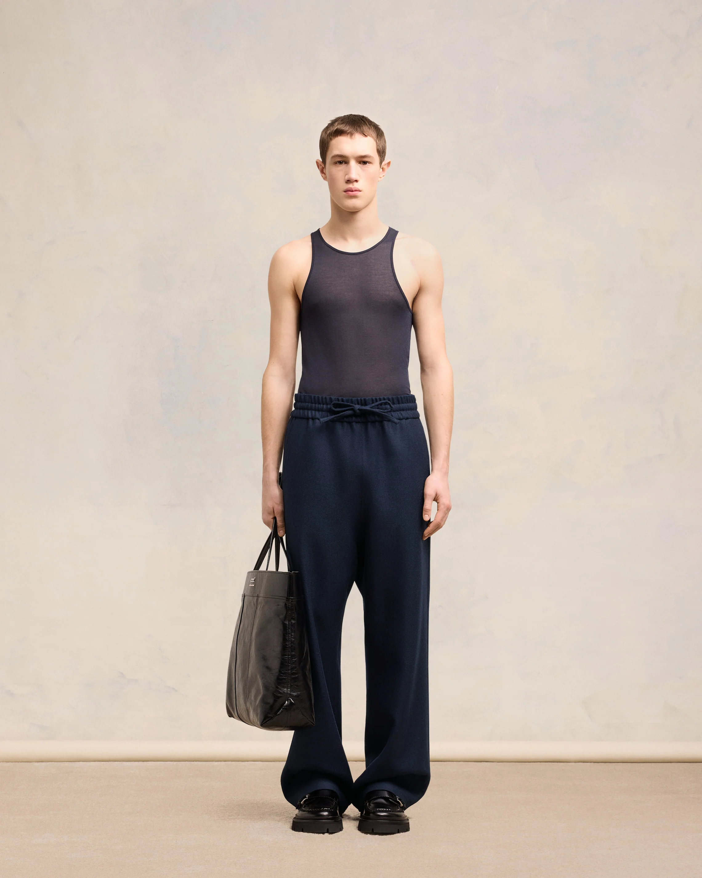Navy Blue Wide Elasticated Waist Trousers - leoleo123123