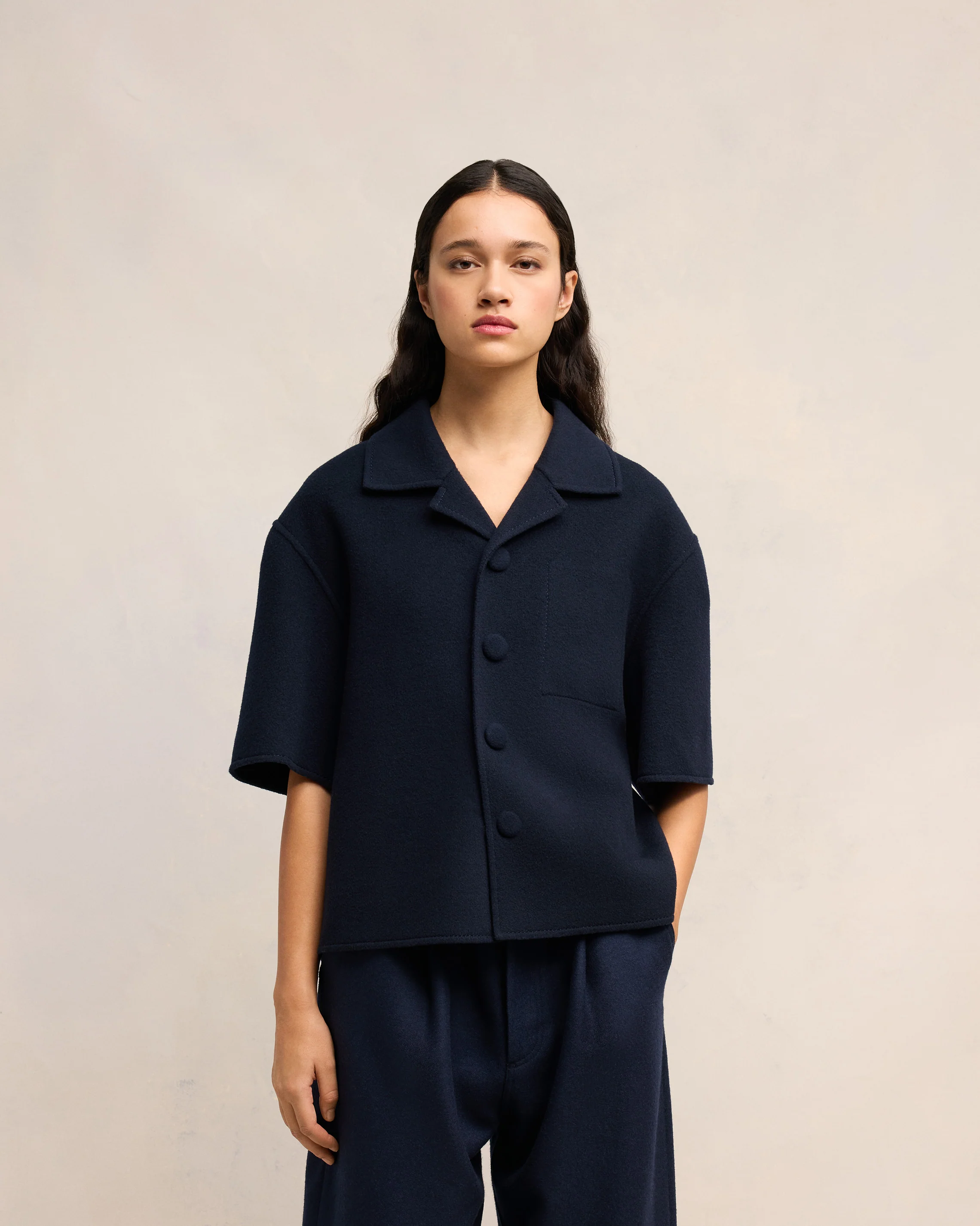 Navy Blue Camp Collar Jacket - leoleo123123