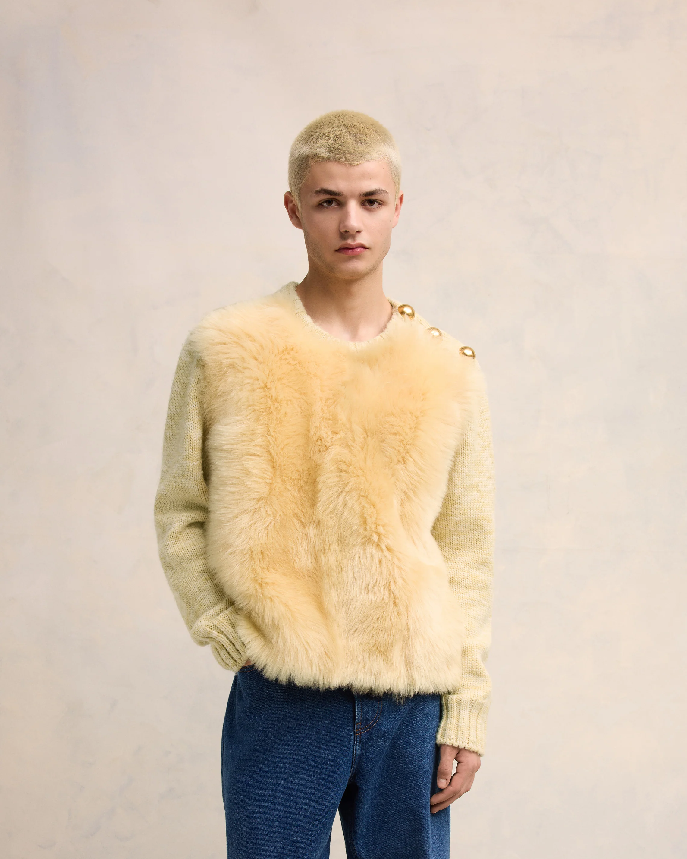 Light Sand/Off White Shearling Crew Neck Sweater - leoleo123123