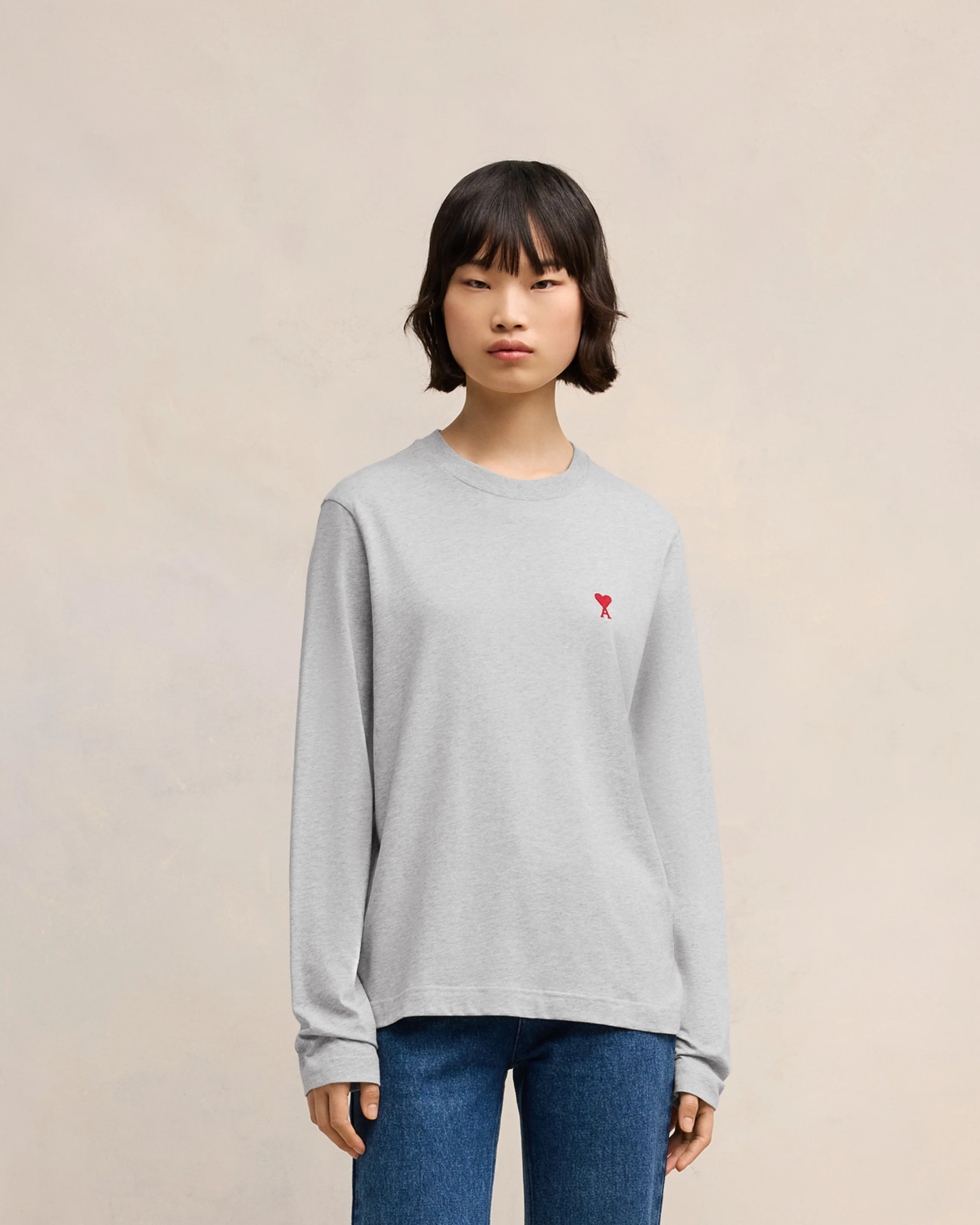 Heather Ash Grey Red Ami De Coeur Long Sleeves T-Shirt - leoleo123123