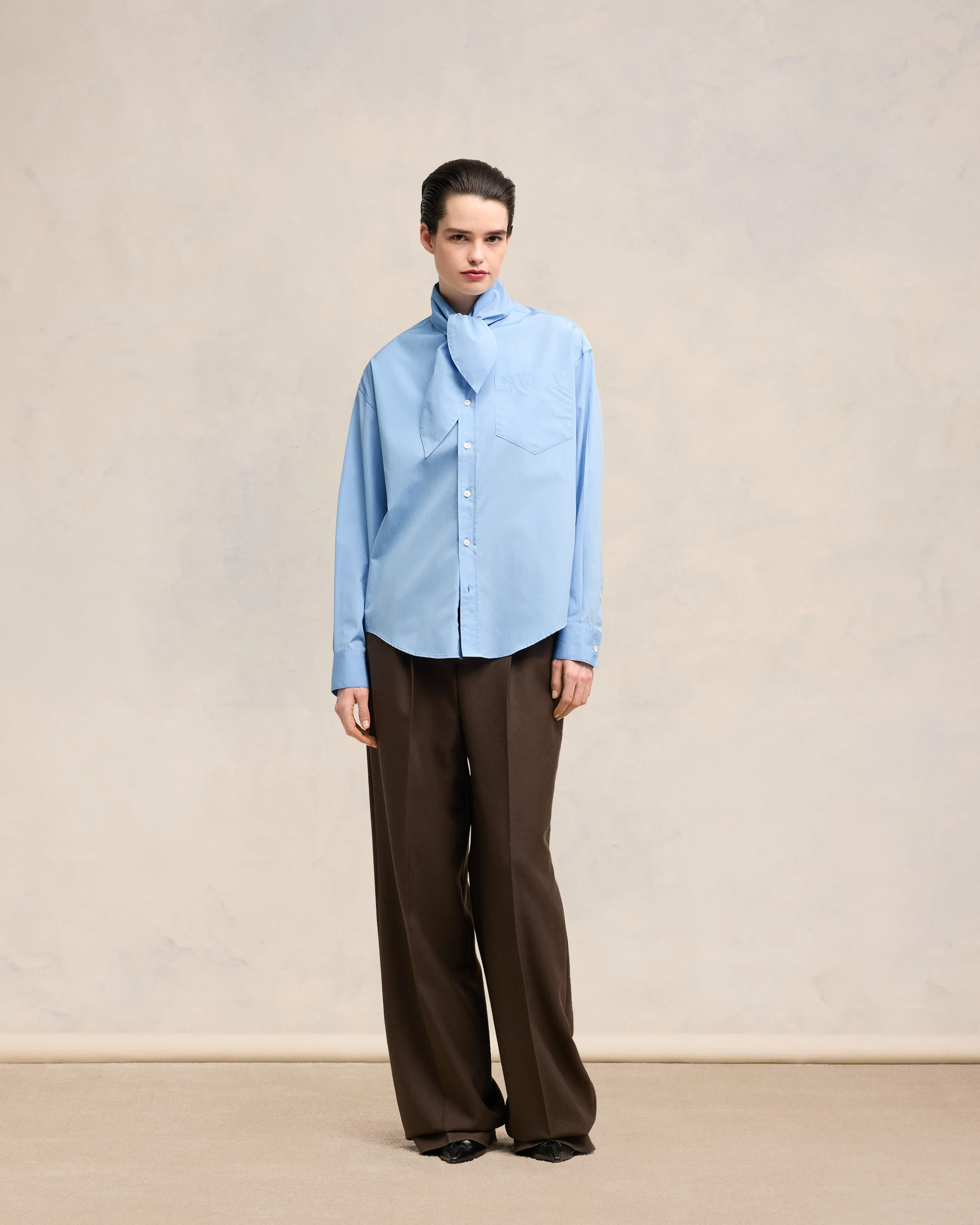 Cashmere Blue Scarf Collar Shirt - leoleo123123