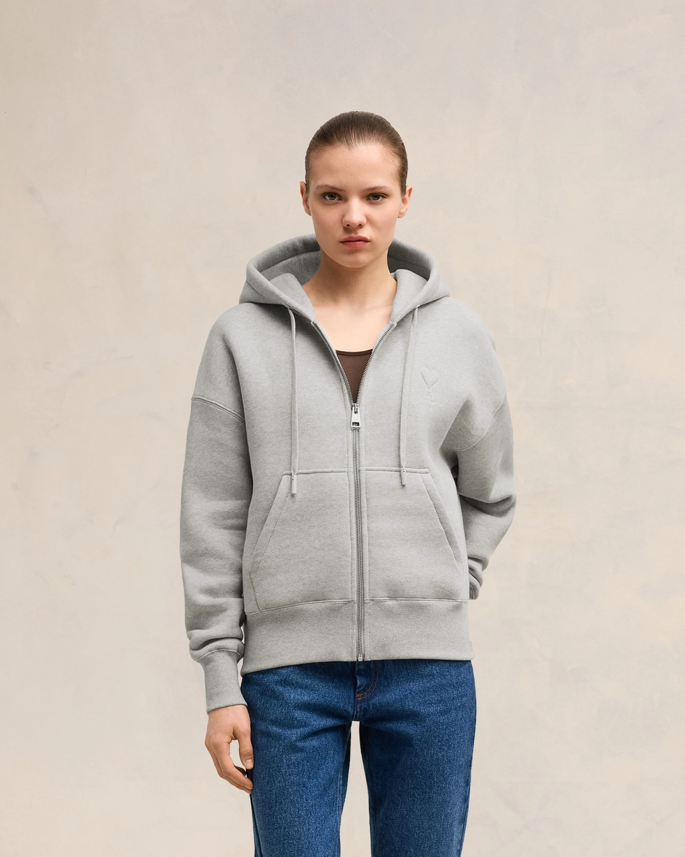 Heather Ash Grey Zipped Ami De Coeur Hoodie - leoleo123123