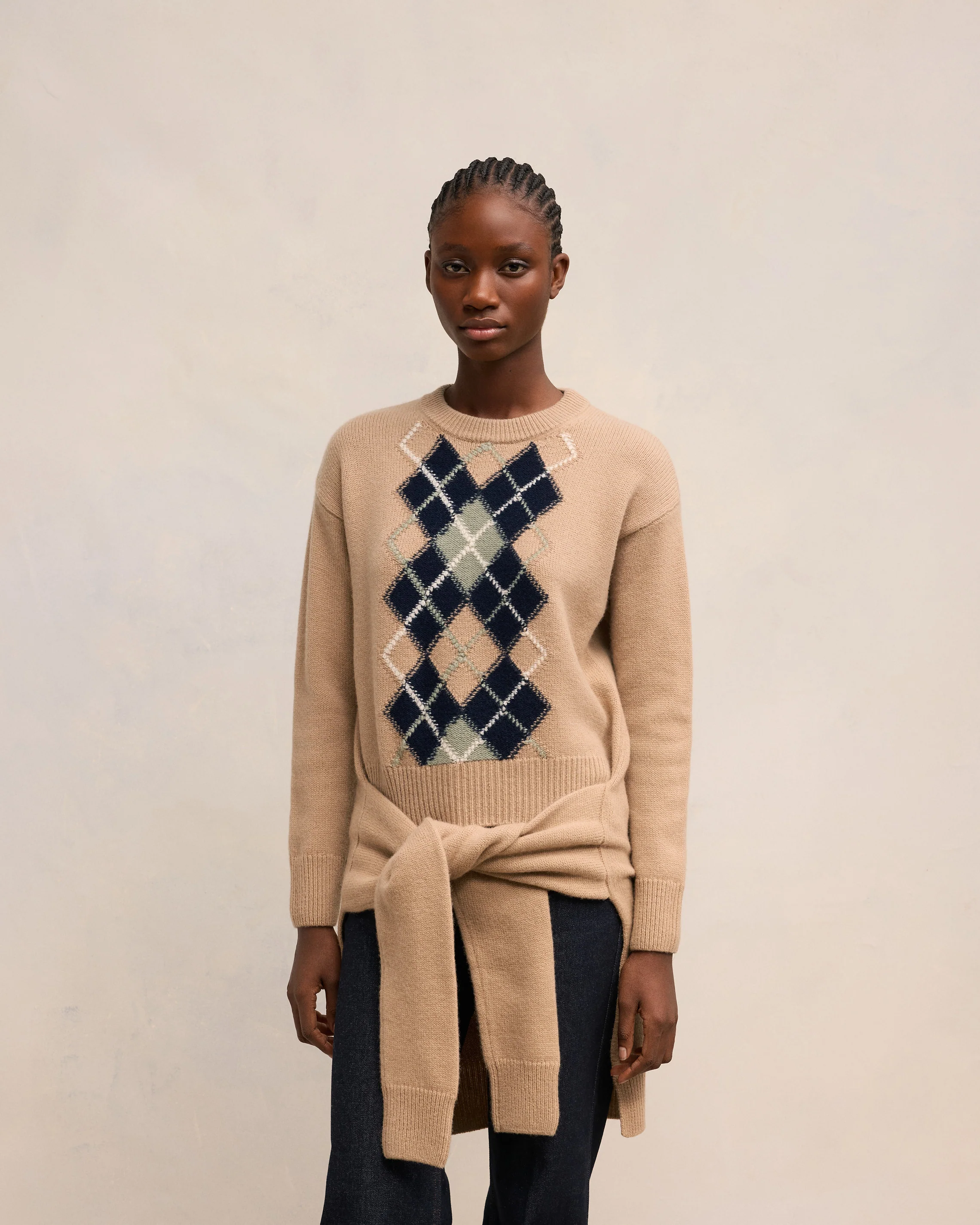 Nude/Navy/Green Aqua Argyle Double Crewneck Sweater - leoleo123123