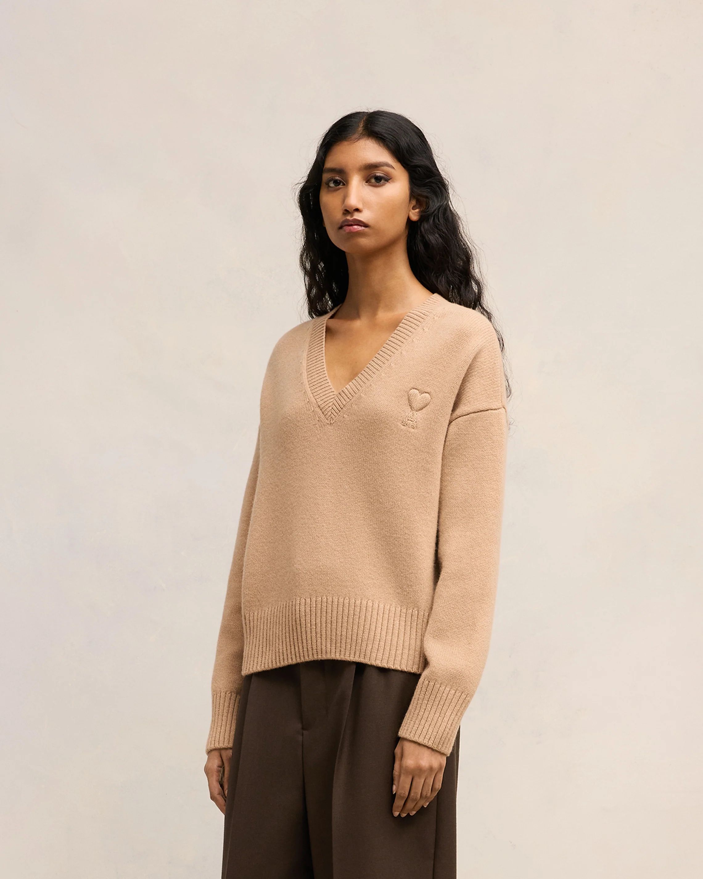 Nude Embossed Ami De Coeur V Neck Sweater - leoleo123123