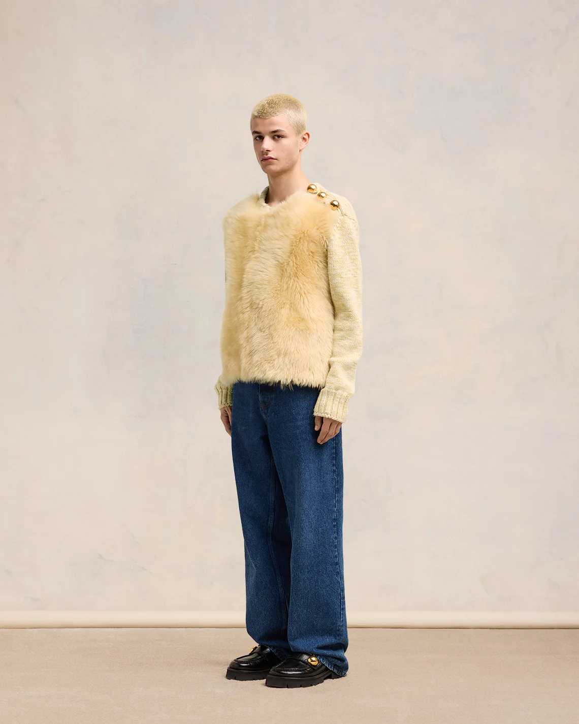 Light Sand/Off White Shearling Crew Neck Sweater - leoleo123123