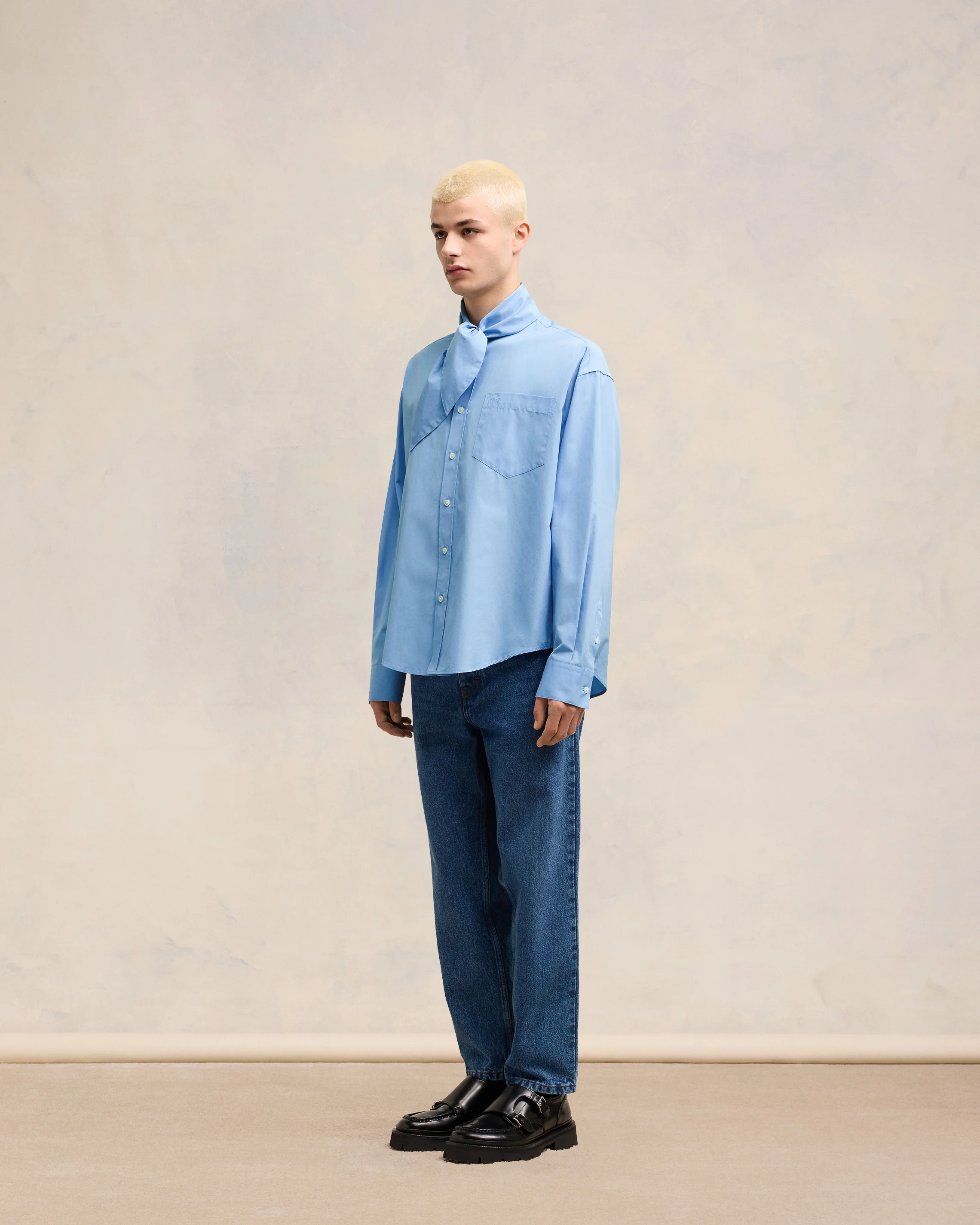 Cashmere Blue Scarf Collar Shirt - leoleo123123